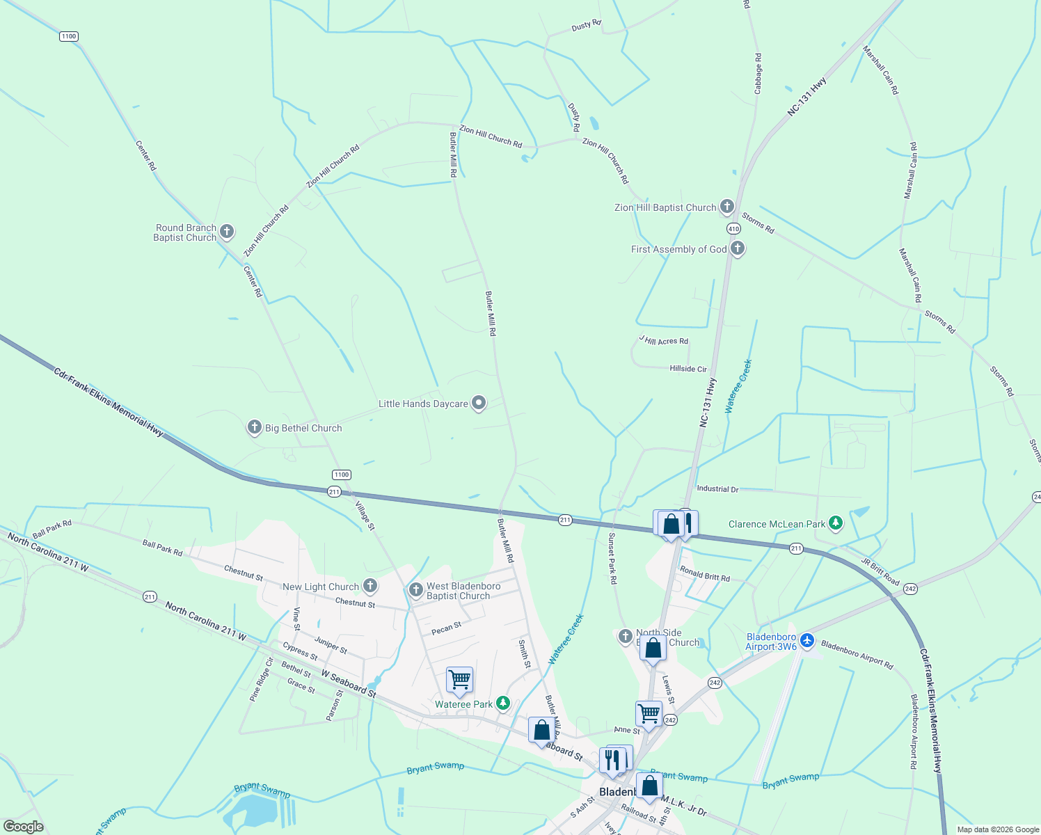 map of restaurants, bars, coffee shops, grocery stores, and more near 1622 Butler Mill Road in Bladenboro