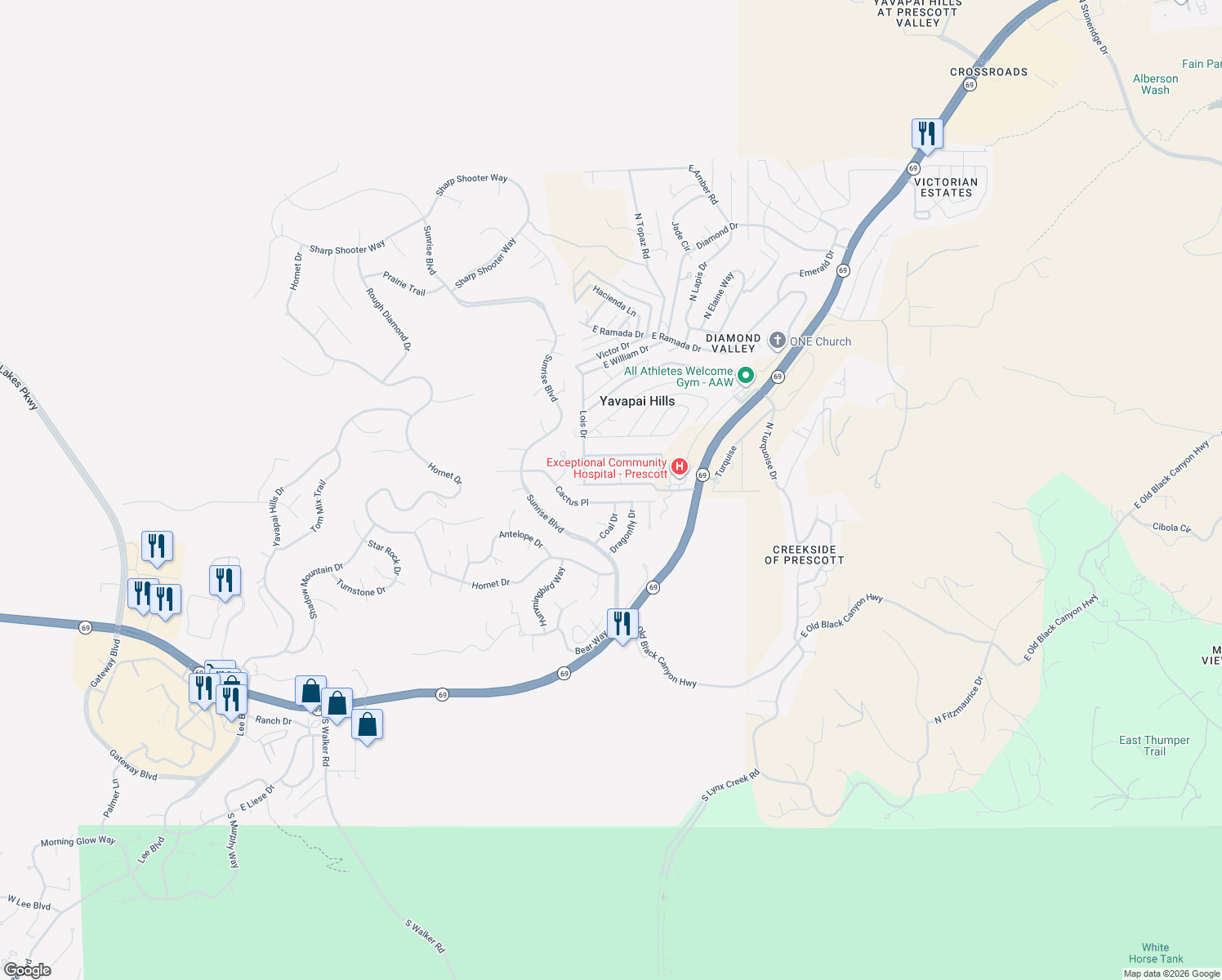 map of restaurants, bars, coffee shops, grocery stores, and more near 4620 East Robin Drive in Prescott