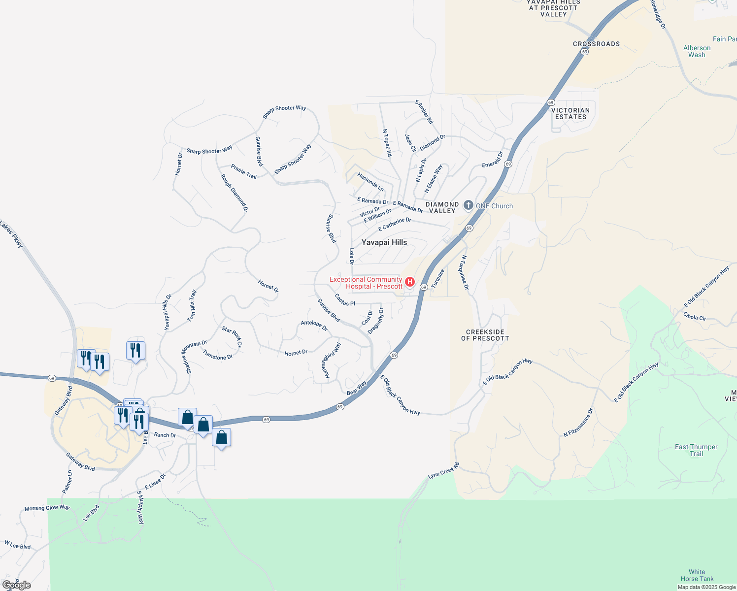 map of restaurants, bars, coffee shops, grocery stores, and more near 4620 East Robin Drive in Prescott