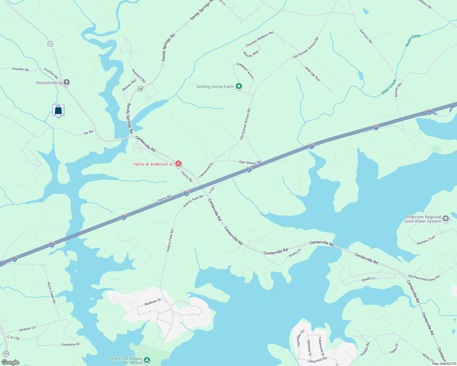 map of restaurants, bars, coffee shops, grocery stores, and more near 1052 Sharpe Drive in Anderson