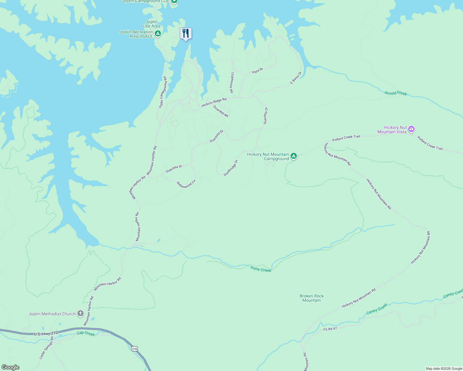 map of restaurants, bars, coffee shops, grocery stores, and more near 17 Hillside Trail in Mount Ida