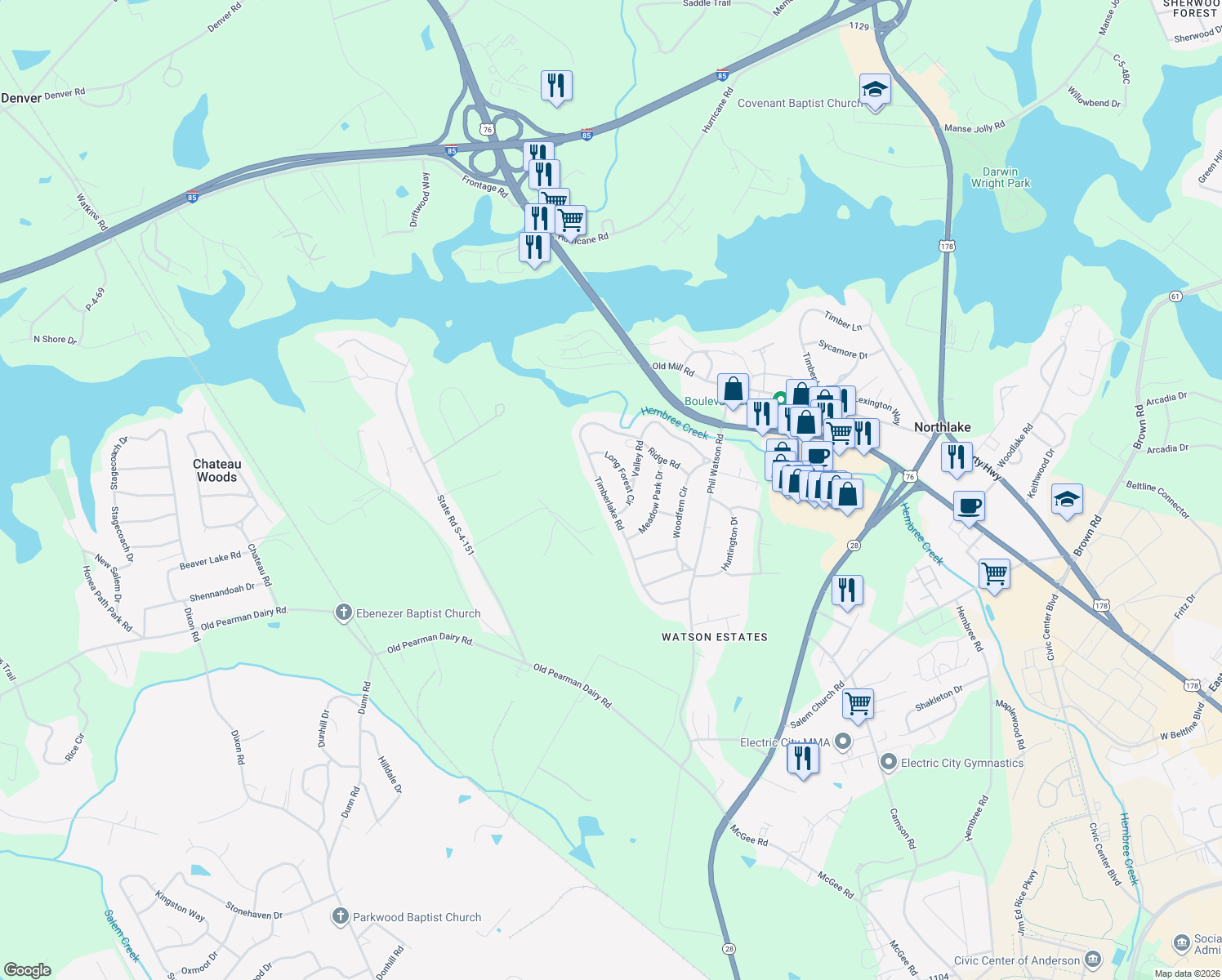 map of restaurants, bars, coffee shops, grocery stores, and more near 309 Timberlake Road in Anderson