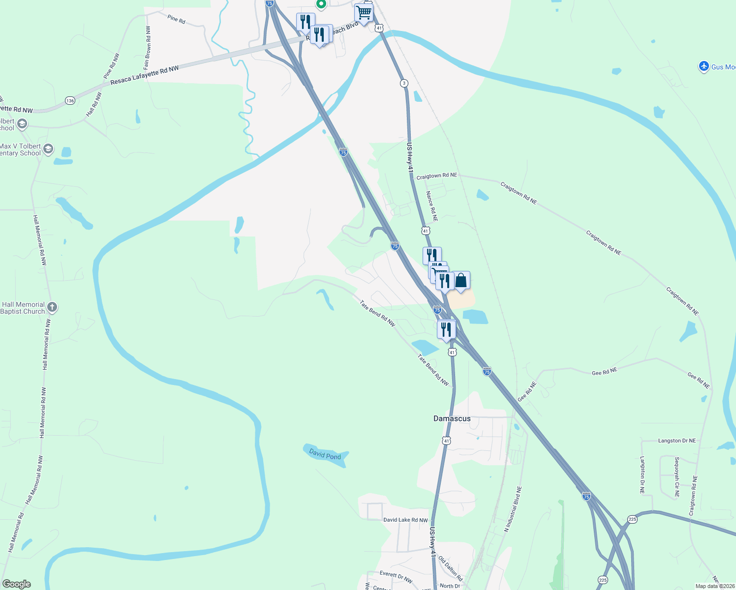 map of restaurants, bars, coffee shops, grocery stores, and more near 208 Louise Lane in Calhoun