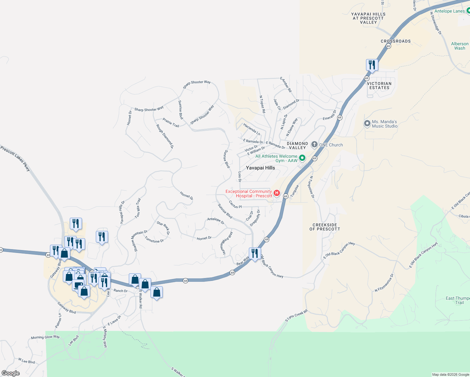 map of restaurants, bars, coffee shops, grocery stores, and more near 755 Meadowlark Ln in Prescott