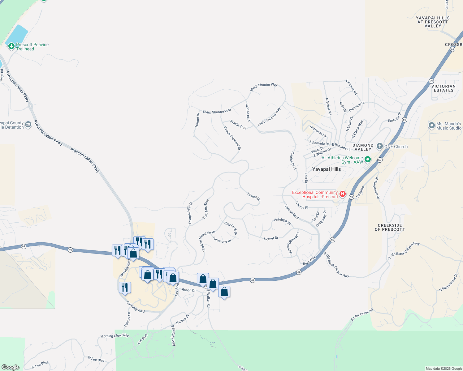 map of restaurants, bars, coffee shops, grocery stores, and more near 3954 Purple Sage in Prescott