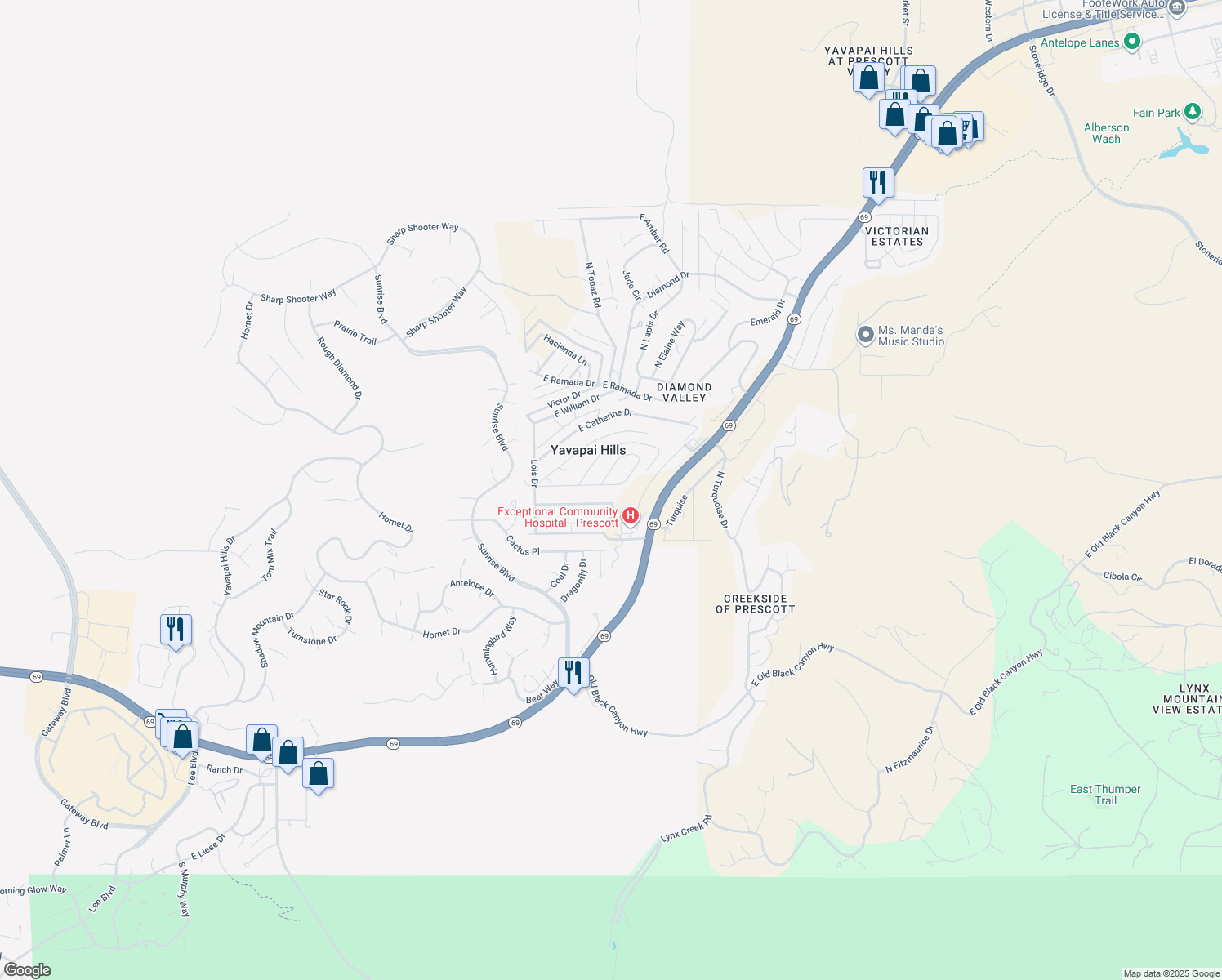 map of restaurants, bars, coffee shops, grocery stores, and more near 4765 East Gloria Drive in Prescott
