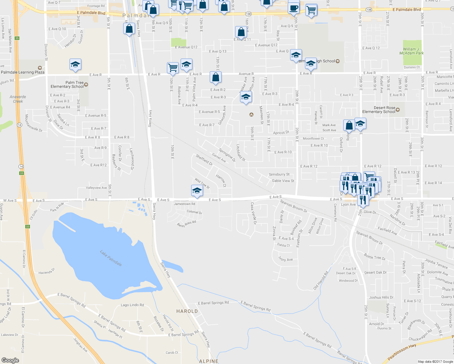 map of restaurants, bars, coffee shops, grocery stores, and more near 37268 Harrow Ct in Palmdale