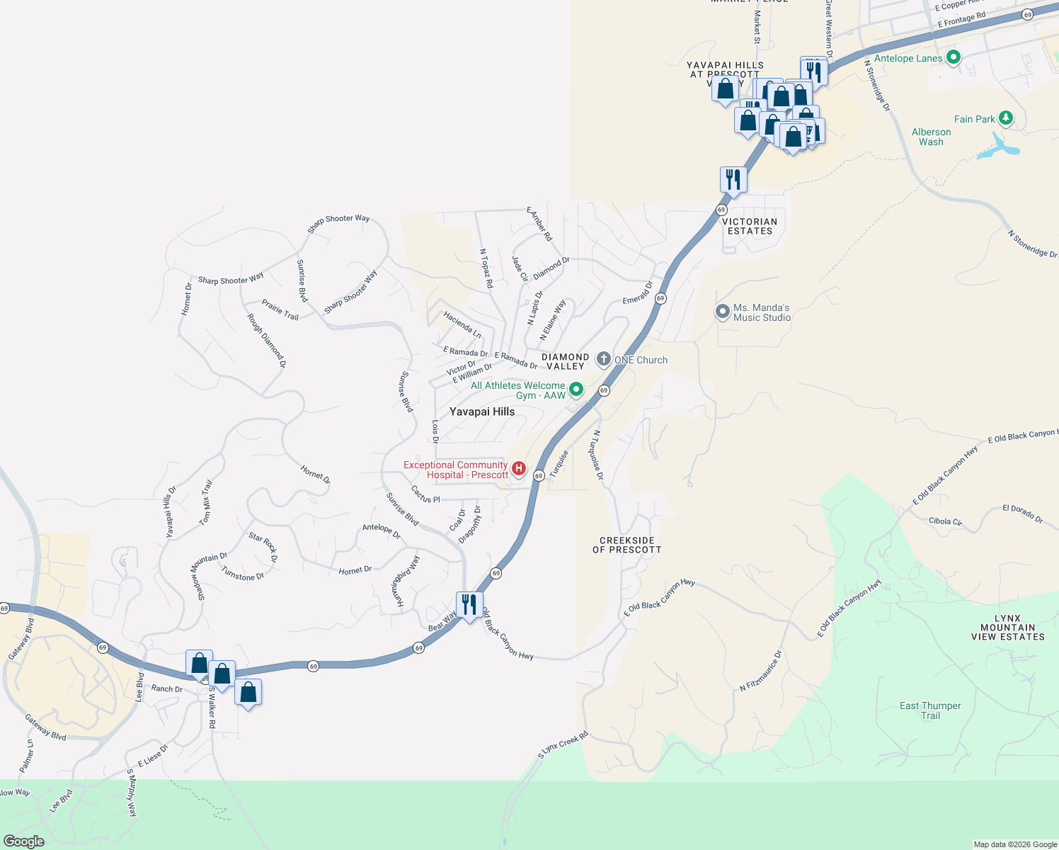 map of restaurants, bars, coffee shops, grocery stores, and more near 4893 East Julie Drive in Prescott