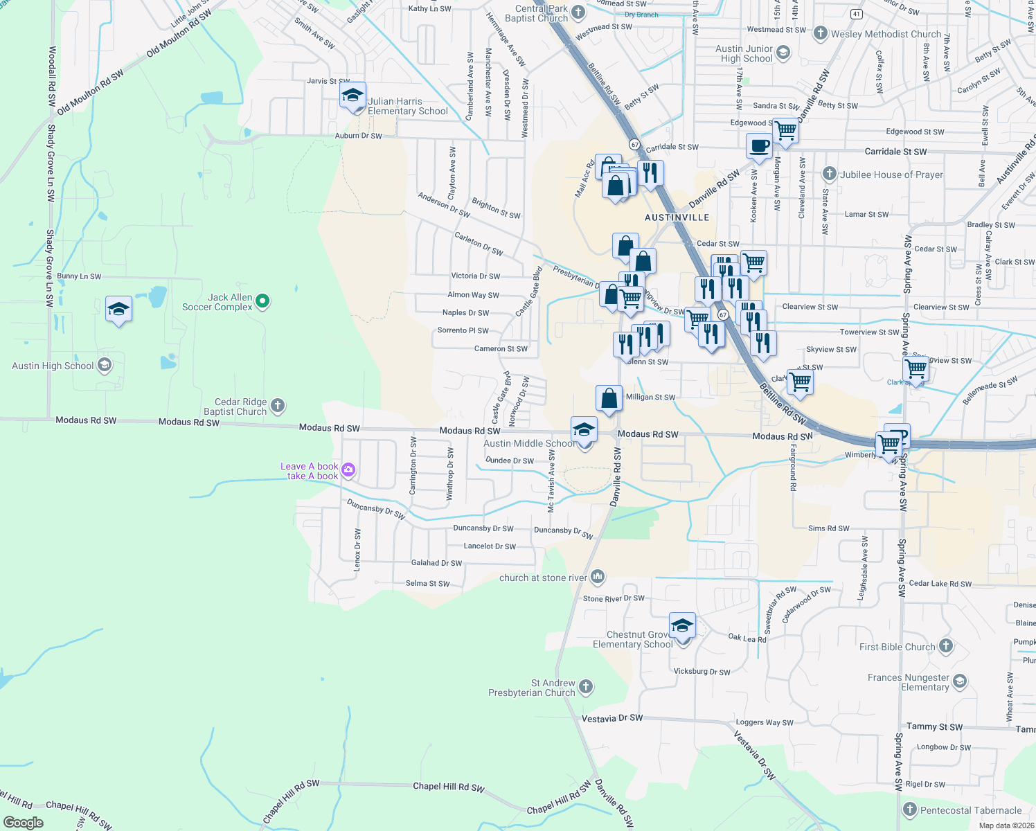 map of restaurants, bars, coffee shops, grocery stores, and more near 2614 Brompton Ln SW in Decatur