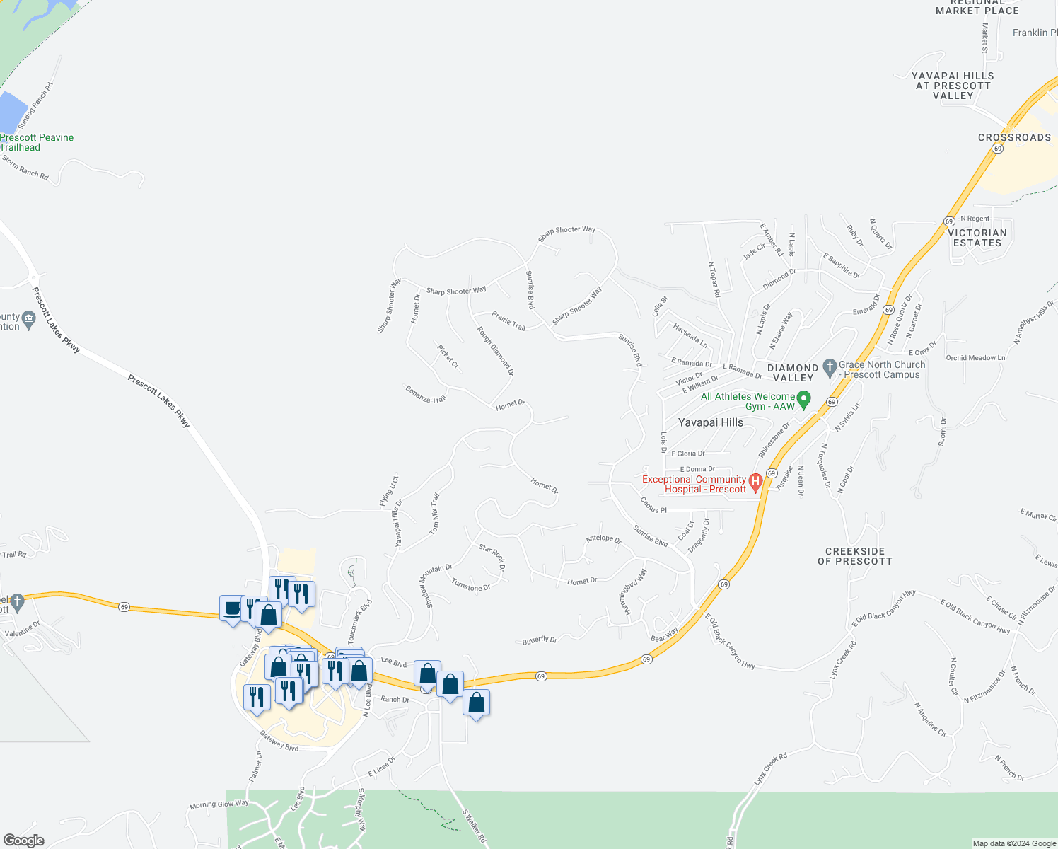 map of restaurants, bars, coffee shops, grocery stores, and more near 4457 Hornet Drive in Prescott