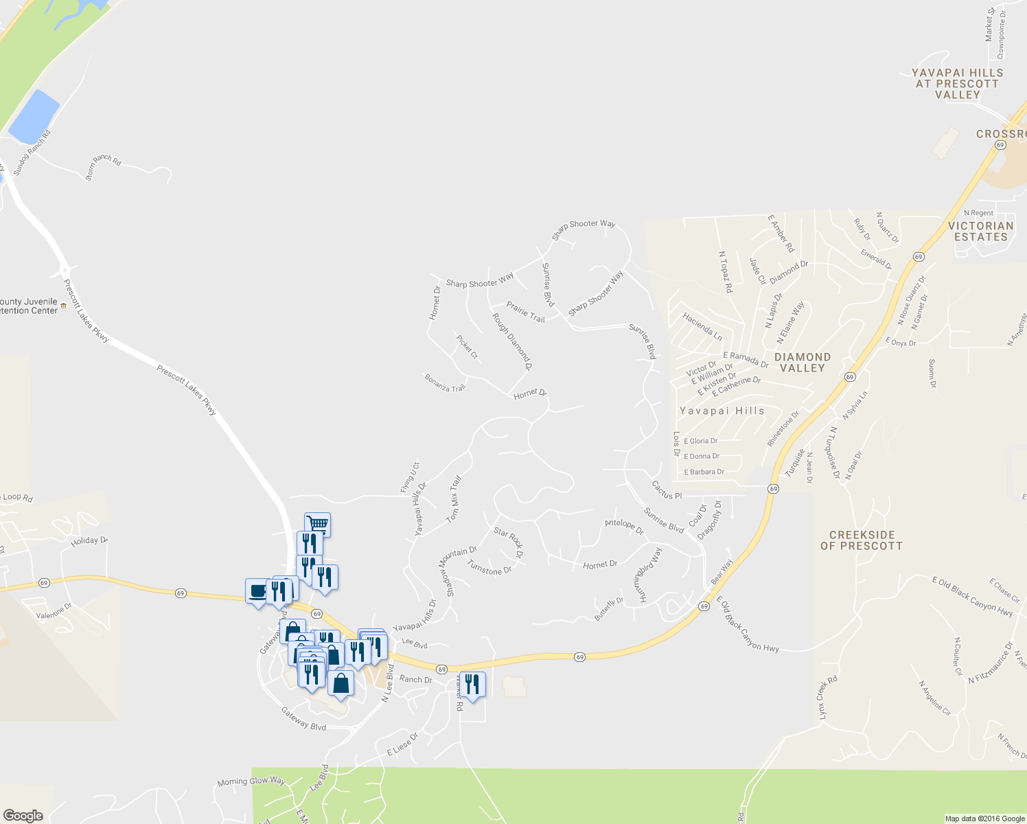map of restaurants, bars, coffee shops, grocery stores, and more near 1050 Yavapai Hills Drive in Prescott