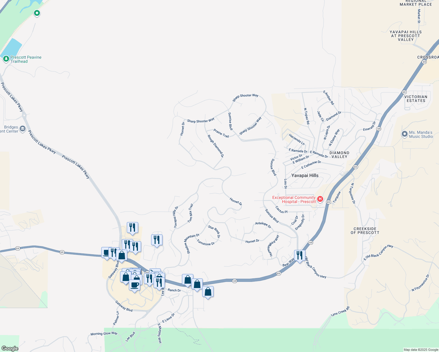 map of restaurants, bars, coffee shops, grocery stores, and more near 1050 Yavapai Hills Drive in Prescott