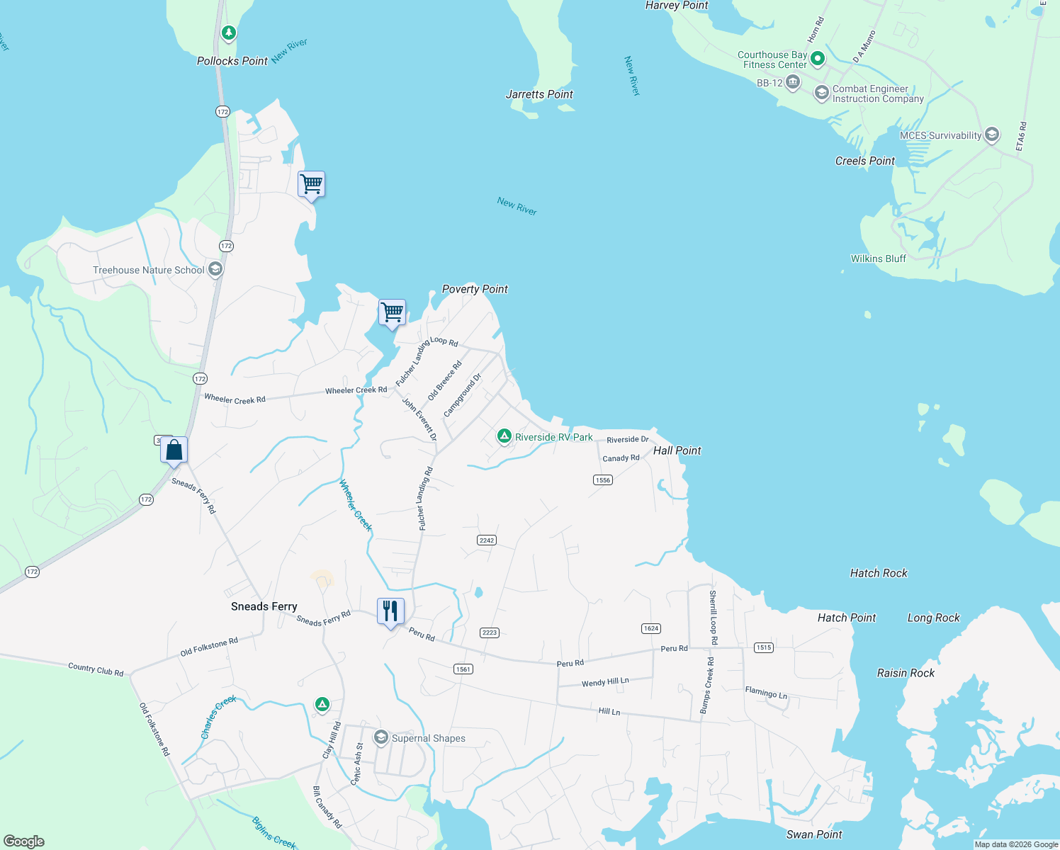 map of restaurants, bars, coffee shops, grocery stores, and more near 130 Hall Point Rd in Sneads Ferry