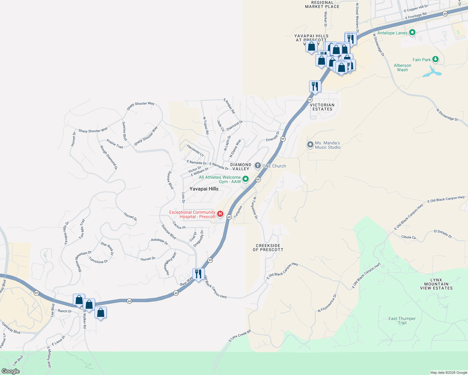 map of restaurants, bars, coffee shops, grocery stores, and more near 4893 East Julie Drive in Prescott