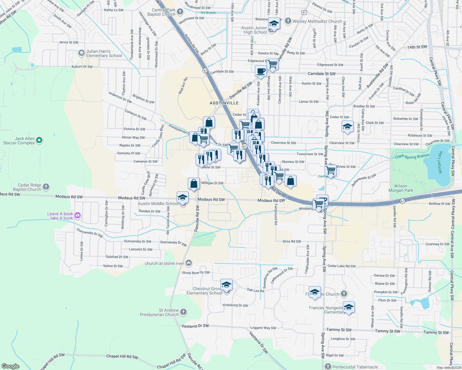 map of restaurants, bars, coffee shops, grocery stores, and more near 1613 Milligan Street Southwest in Decatur