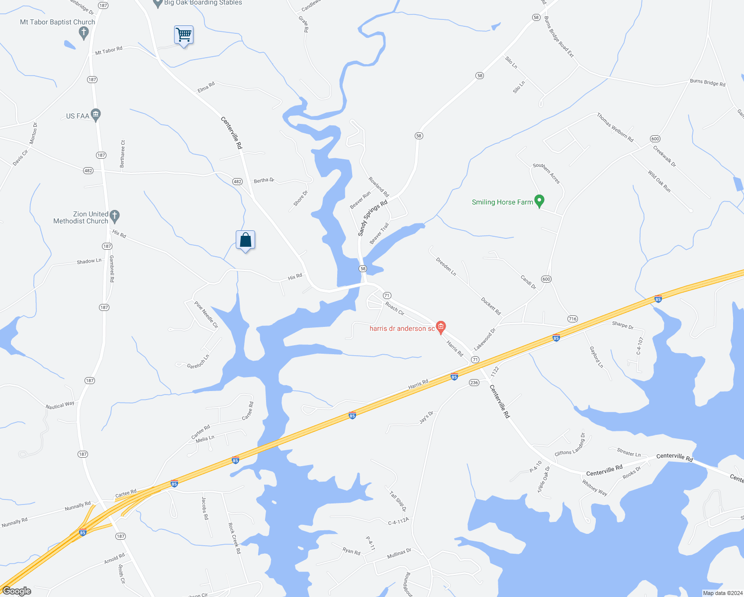 map of restaurants, bars, coffee shops, grocery stores, and more near 2227 Roach Circle in Anderson