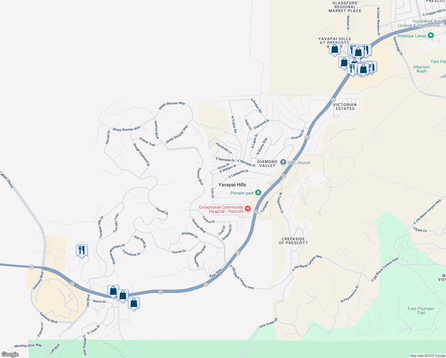 map of restaurants, bars, coffee shops, grocery stores, and more near 4565 East William Drive in Prescott