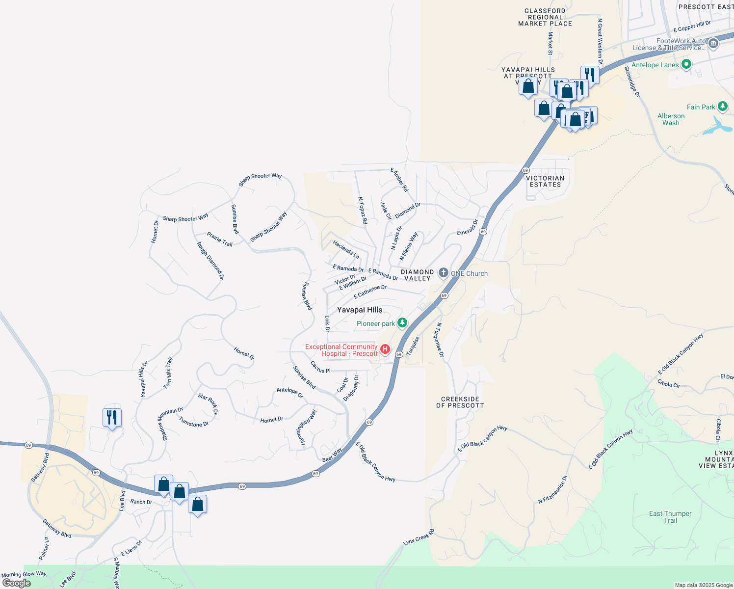 map of restaurants, bars, coffee shops, grocery stores, and more near 4670 East Catherine Drive in Prescott
