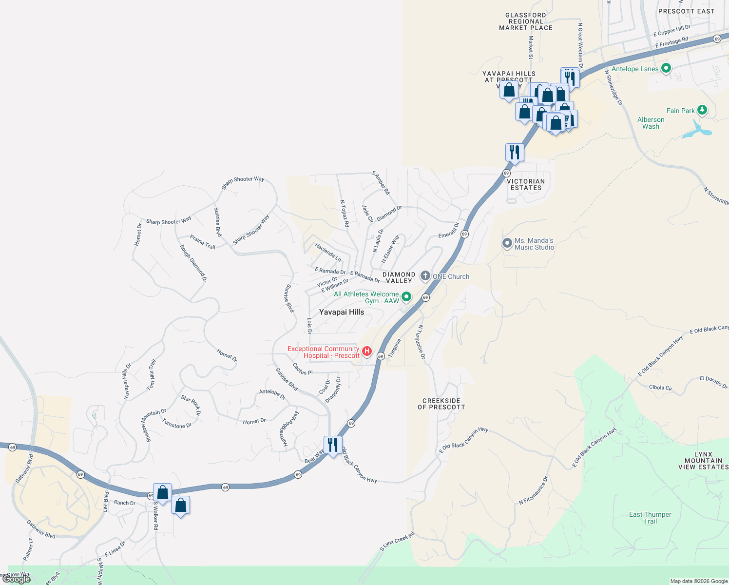 map of restaurants, bars, coffee shops, grocery stores, and more near 4777 East Catherine Drive in Prescott