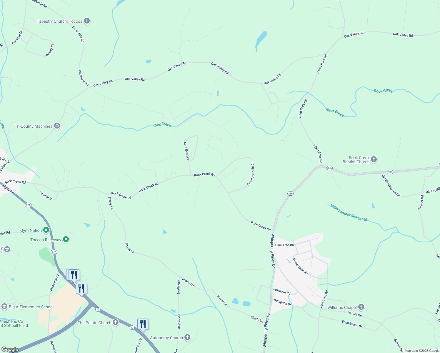 map of restaurants, bars, coffee shops, grocery stores, and more near 19 Crawford Manor in Toccoa