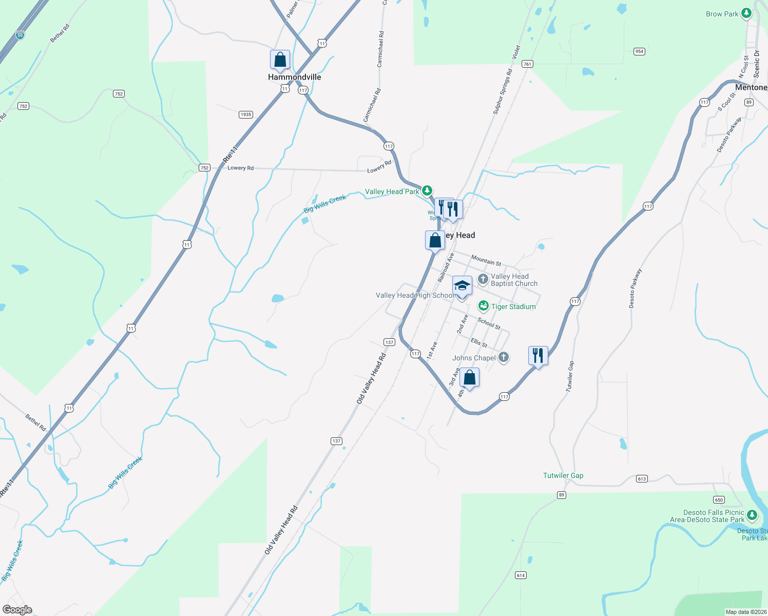 map of restaurants, bars, coffee shops, grocery stores, and more near 17 High Avenue in Valley Head