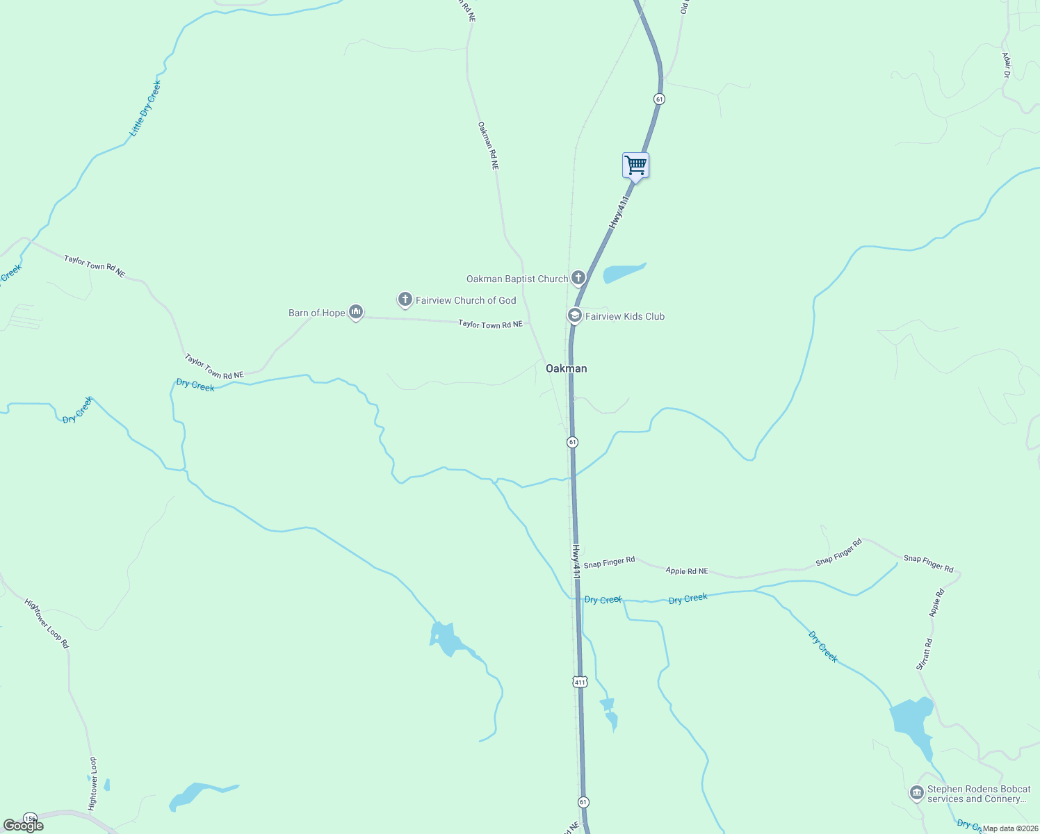 map of restaurants, bars, coffee shops, grocery stores, and more near 174 Railroad Street in Oakman