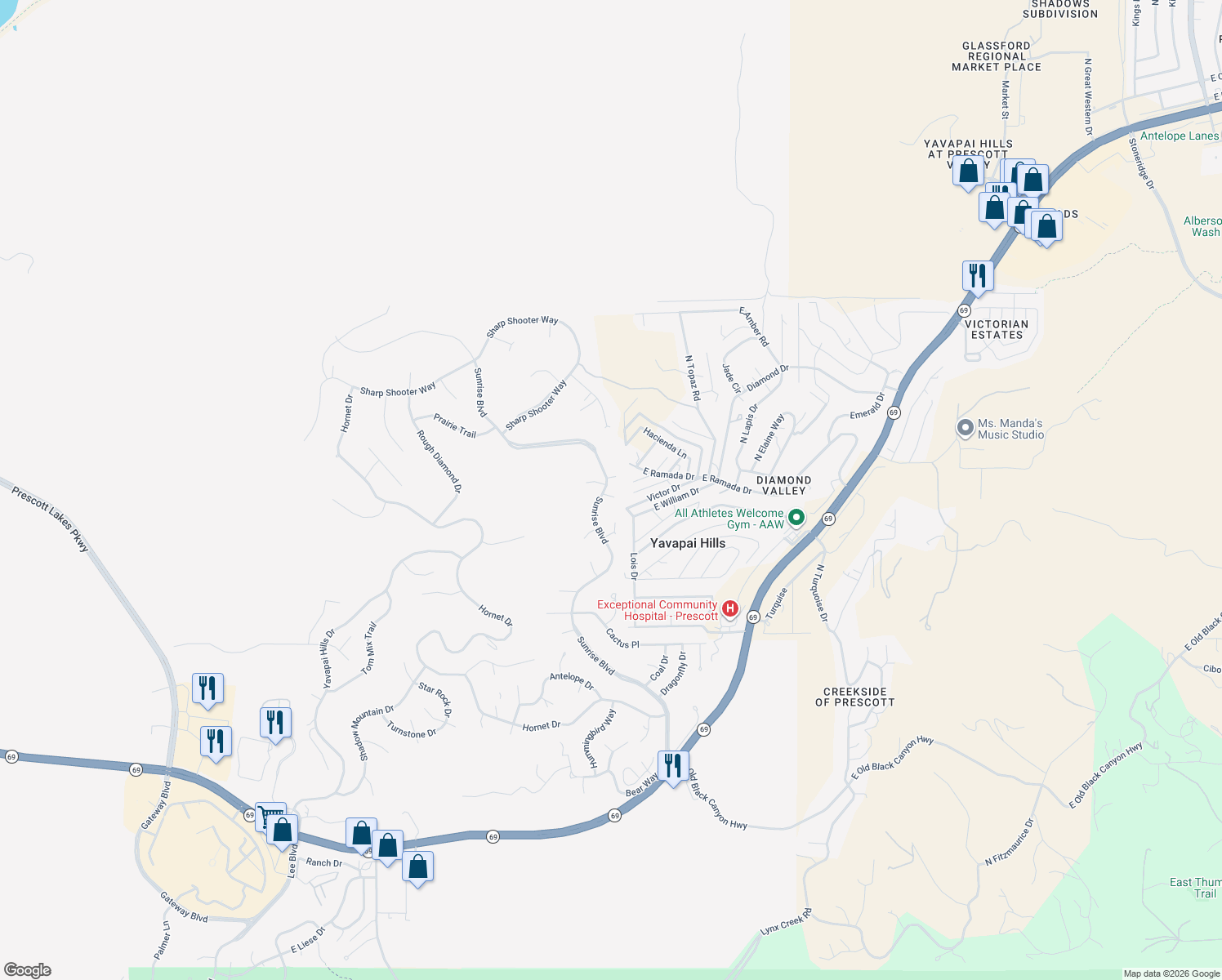 map of restaurants, bars, coffee shops, grocery stores, and more near 4972 Dahlia Court in Prescott