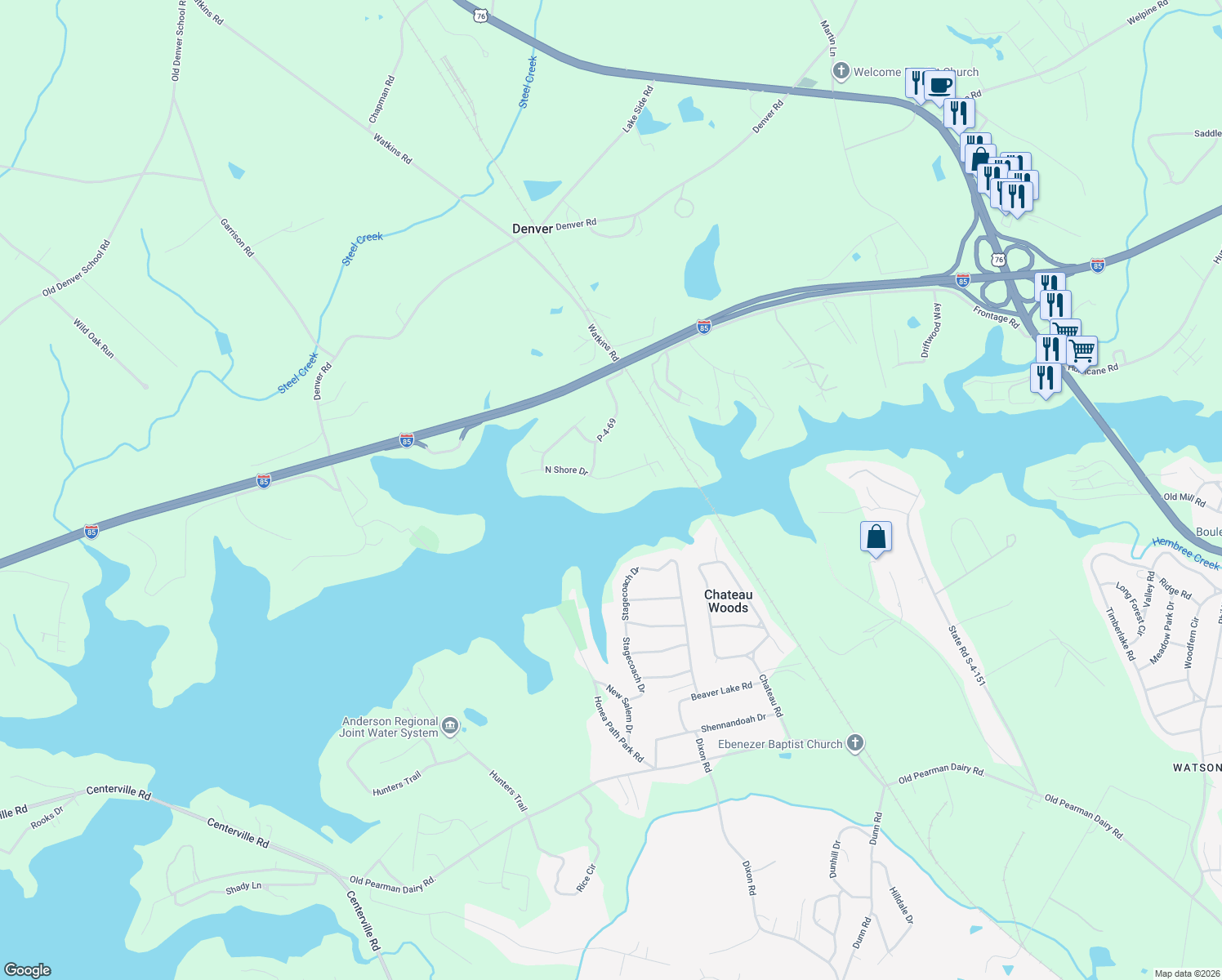 map of restaurants, bars, coffee shops, grocery stores, and more near 1026 N Shore Dr in Anderson