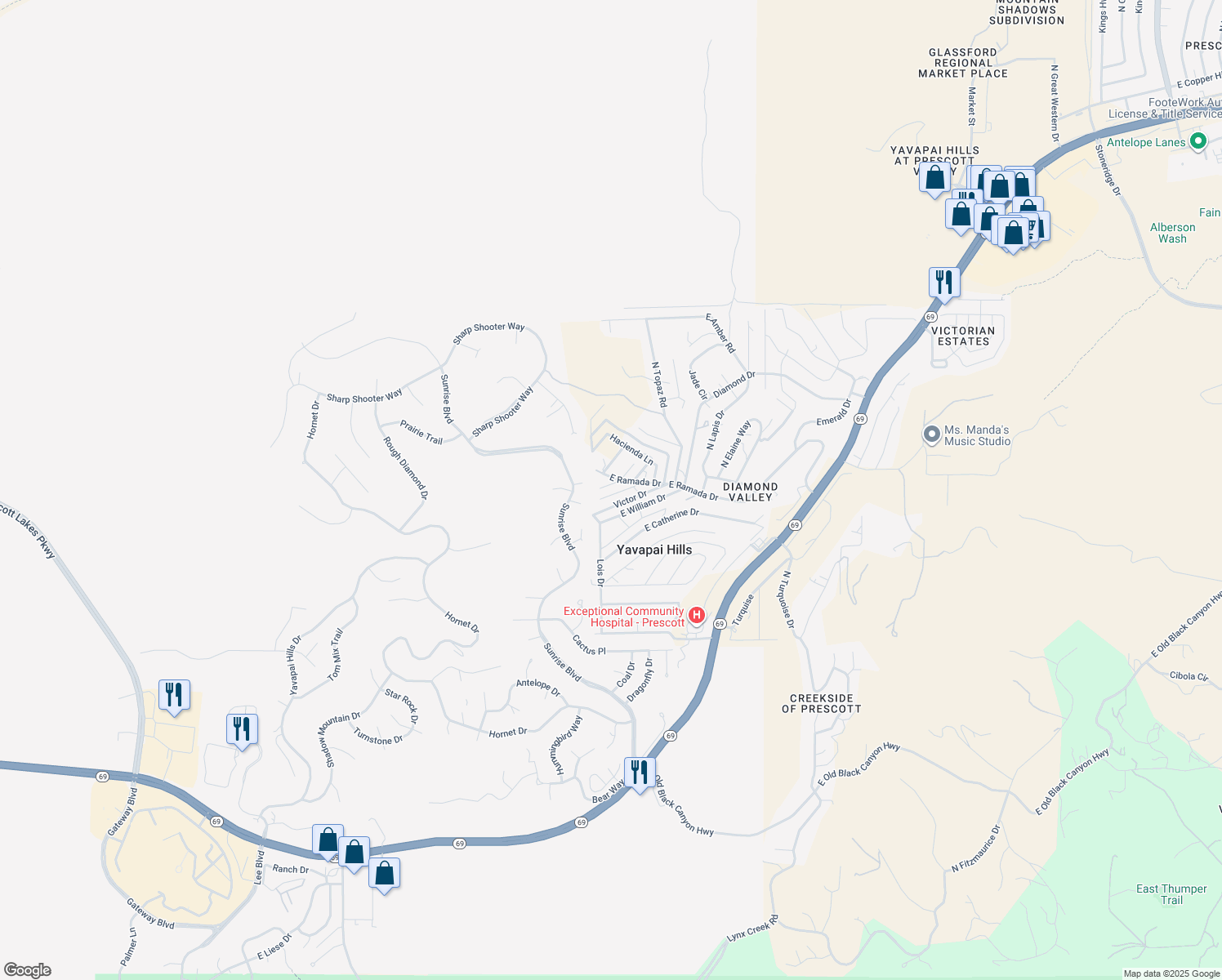 map of restaurants, bars, coffee shops, grocery stores, and more near 1465 N Steuer Dr in Prescott