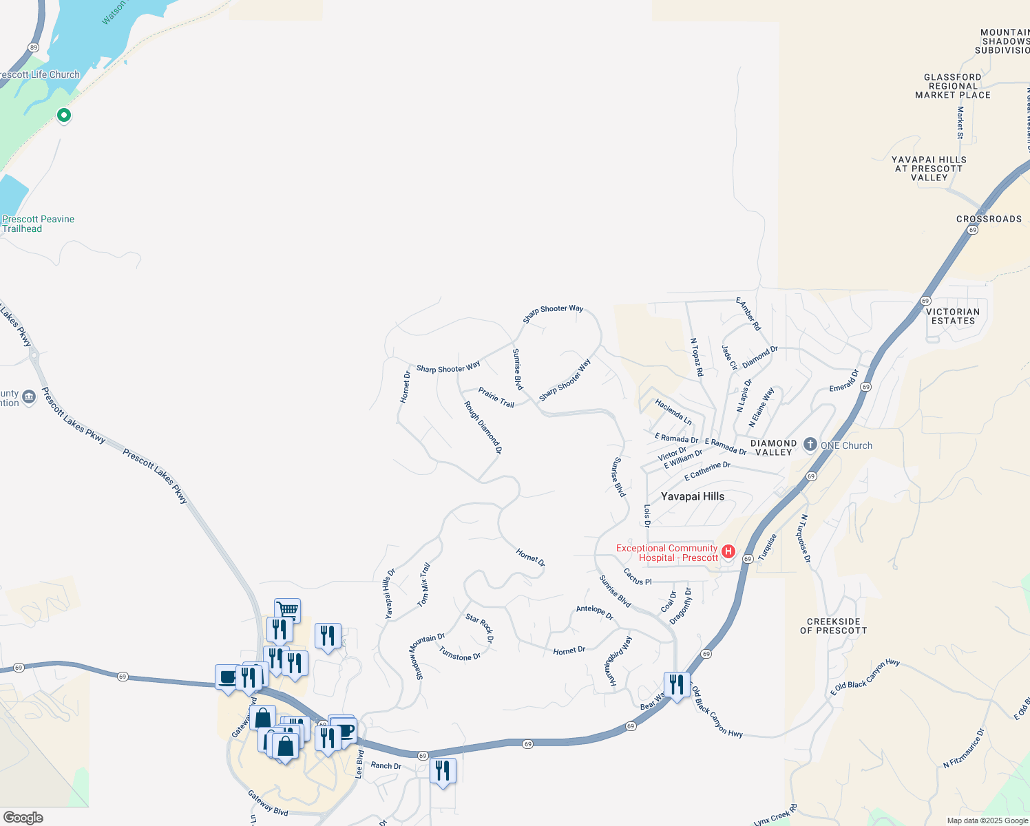 map of restaurants, bars, coffee shops, grocery stores, and more near 4619 Prairie Trail in Prescott