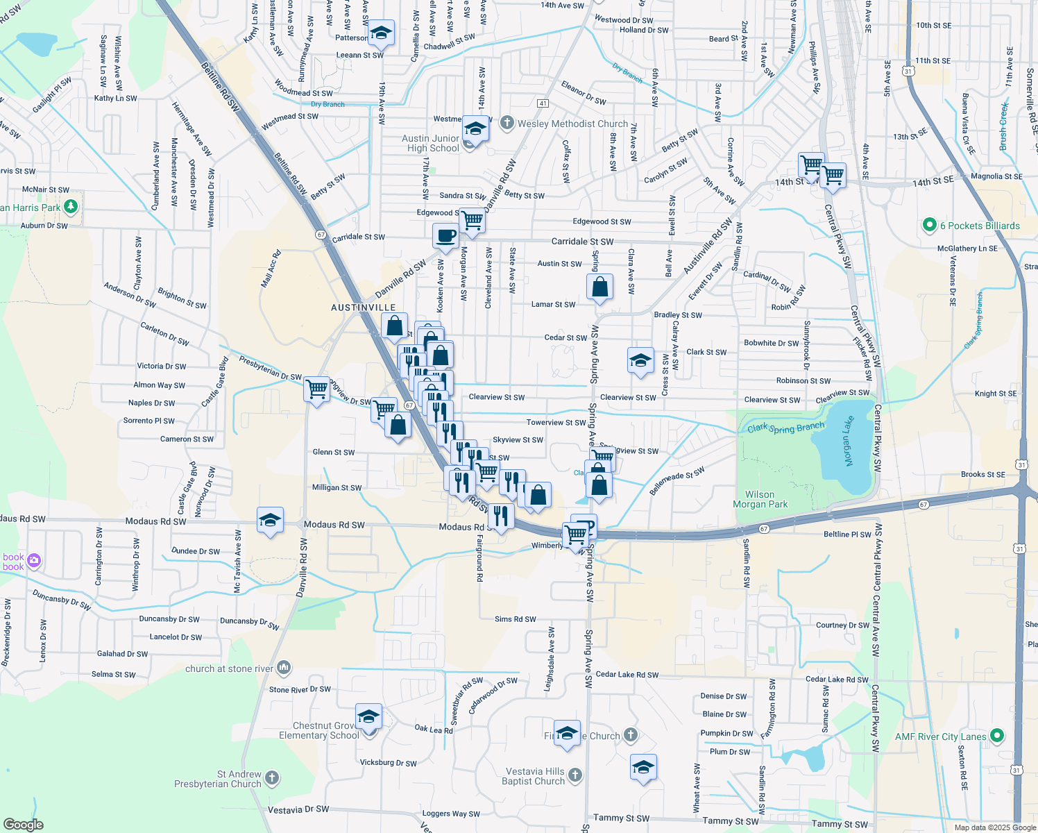map of restaurants, bars, coffee shops, grocery stores, and more near 1014 Towerview St SW in Decatur