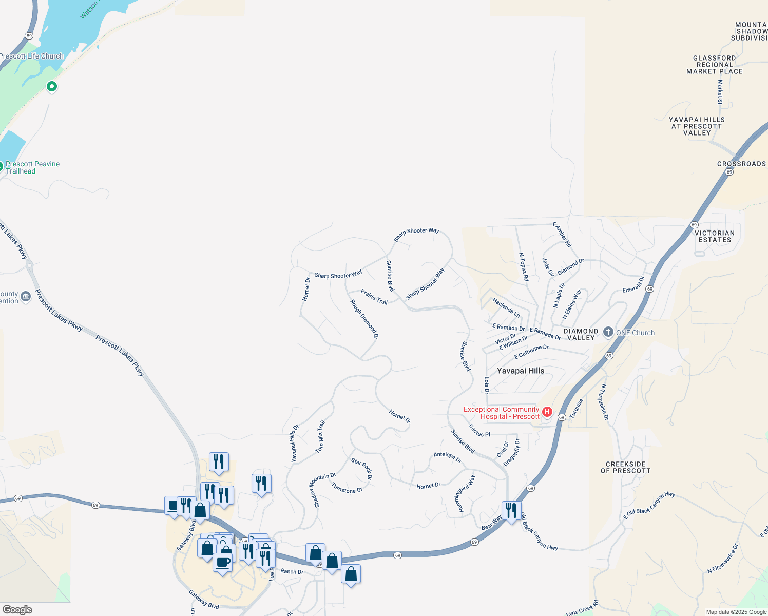 map of restaurants, bars, coffee shops, grocery stores, and more near 4619 Prairie Trail in Prescott