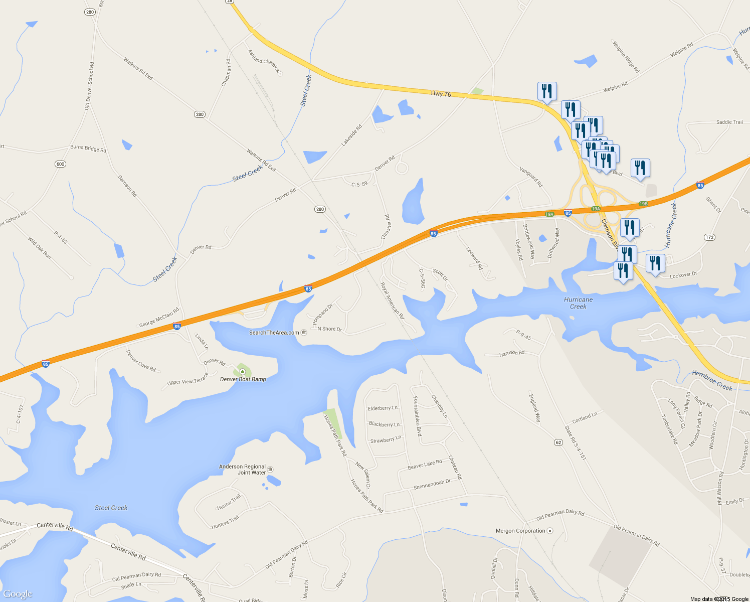 map of restaurants, bars, coffee shops, grocery stores, and more near 2411 Watkins Road Exd in Anderson