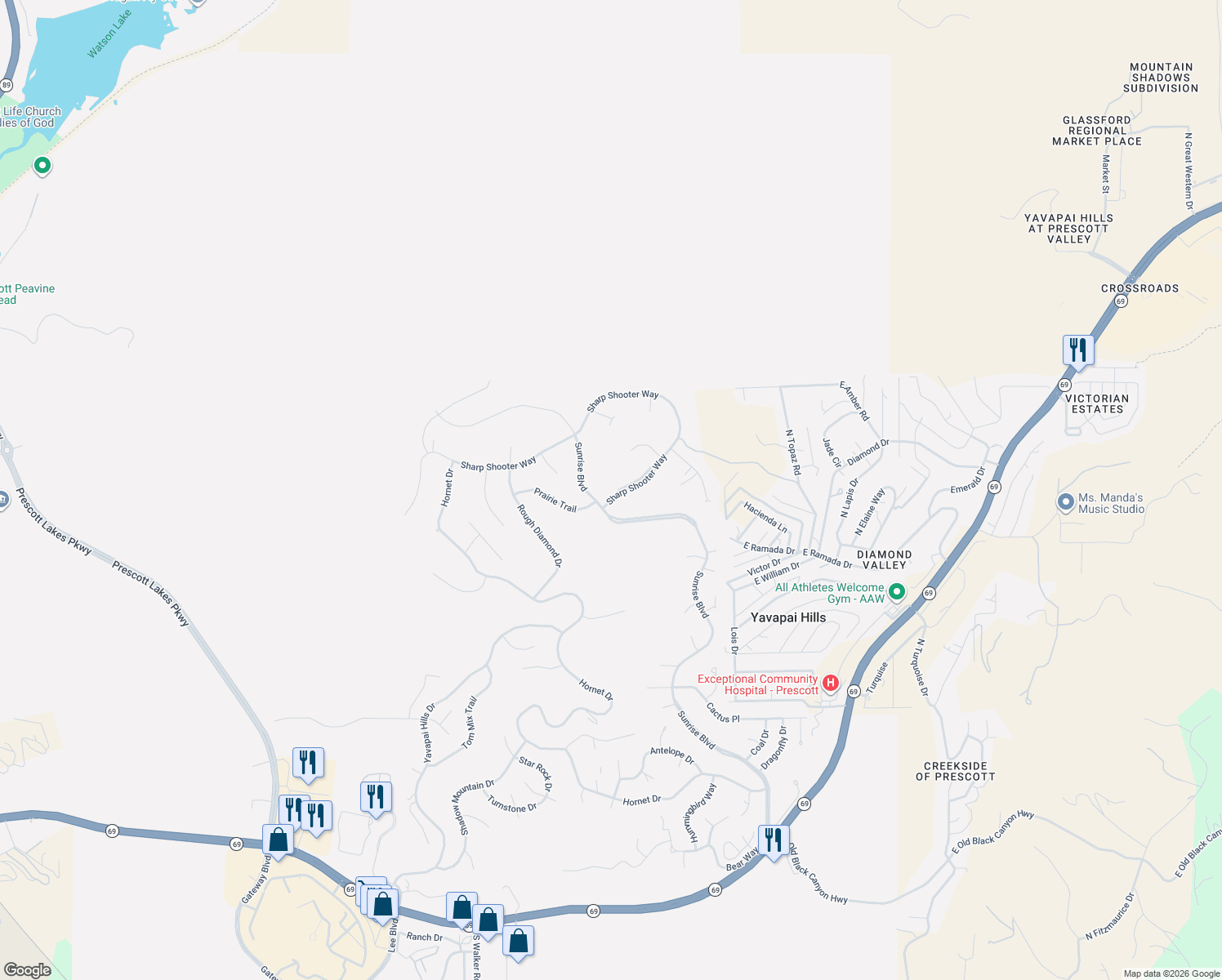 map of restaurants, bars, coffee shops, grocery stores, and more near 1079 Sunrise Boulevard in Prescott