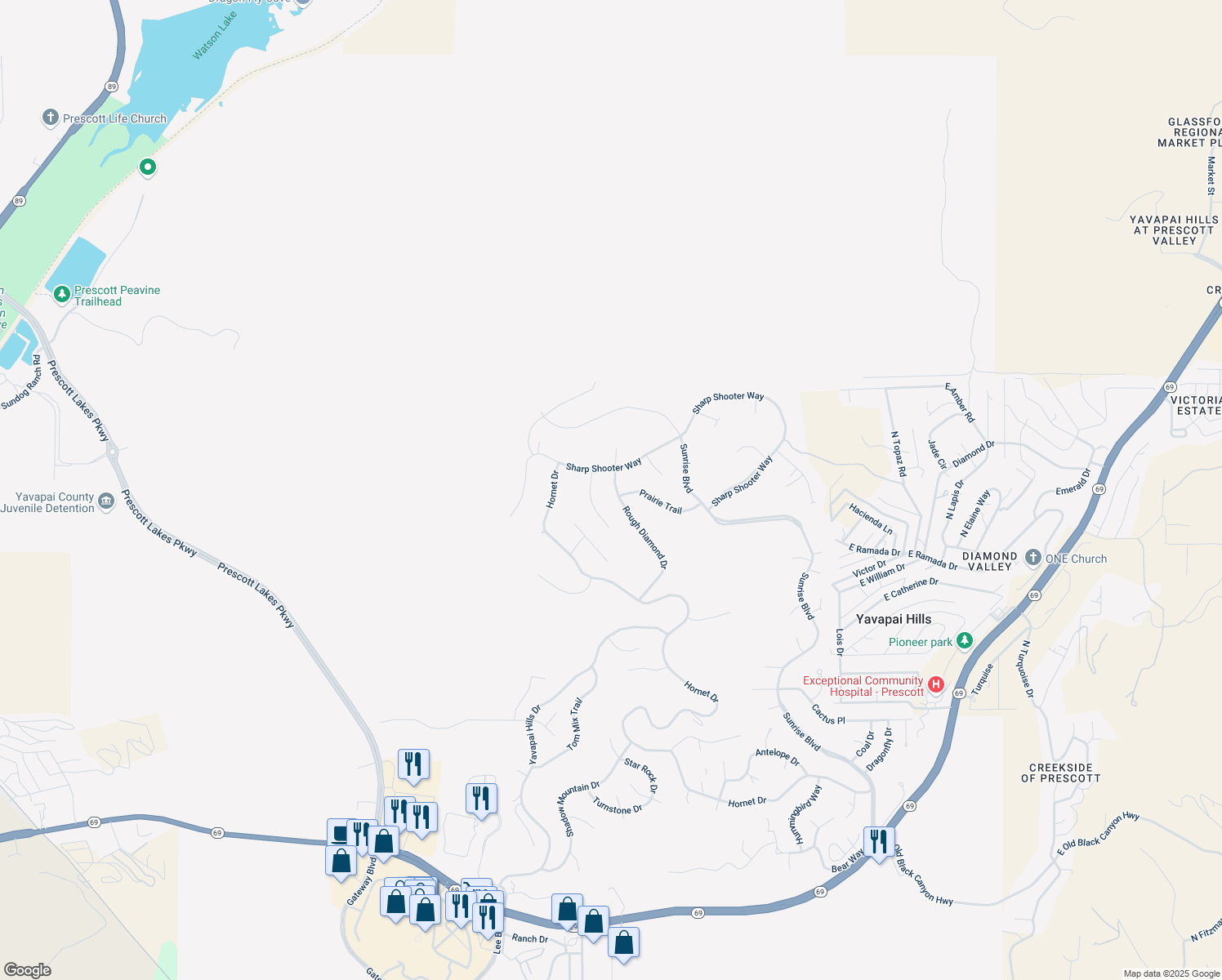 map of restaurants, bars, coffee shops, grocery stores, and more near 1046 Rough Diamond Drive in Prescott
