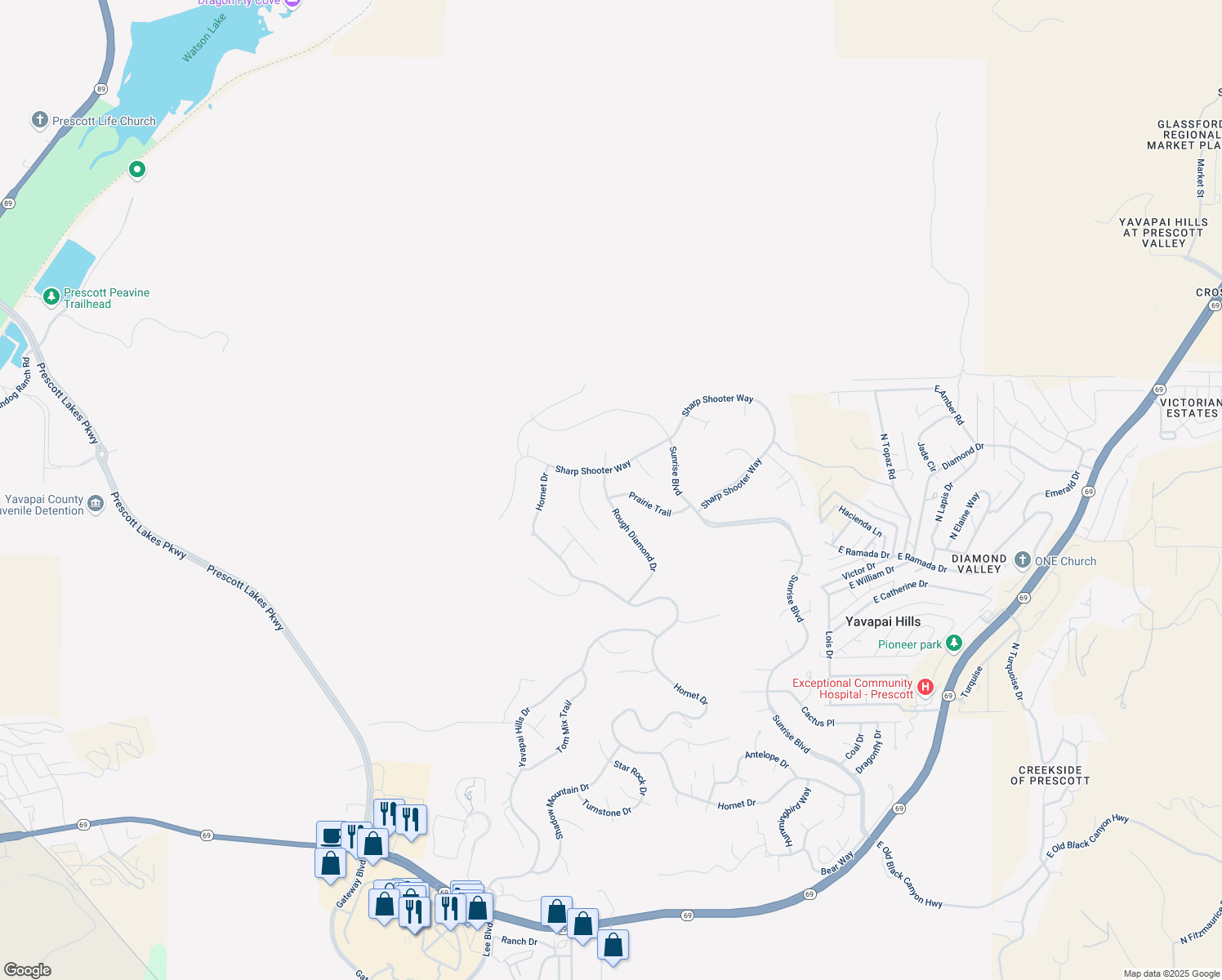 map of restaurants, bars, coffee shops, grocery stores, and more near 1046 Rough Diamond Drive in Prescott