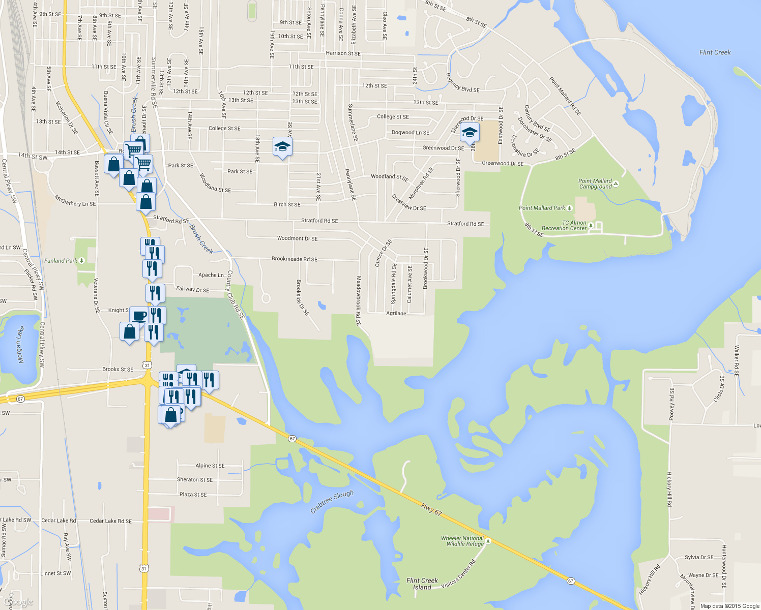 map of restaurants, bars, coffee shops, grocery stores, and more near 2328 Quince Drive Southeast in Decatur