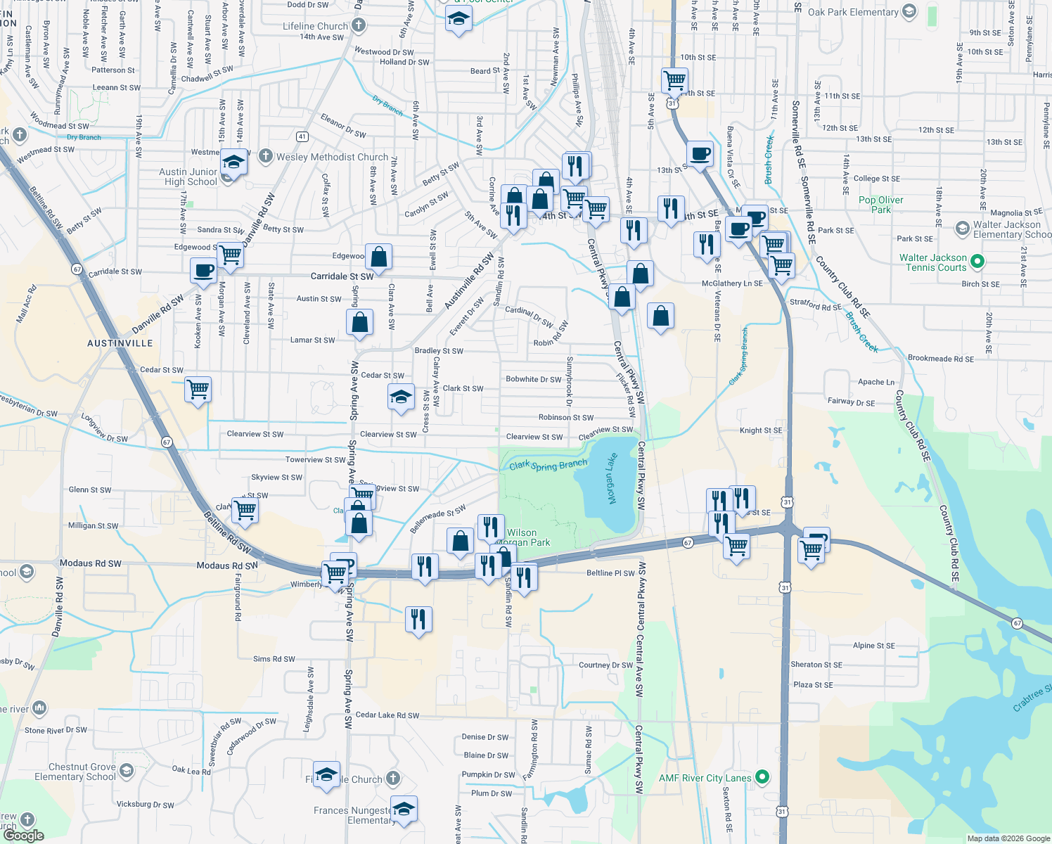 map of restaurants, bars, coffee shops, grocery stores, and more near 315 Robinson Street Southwest in Decatur