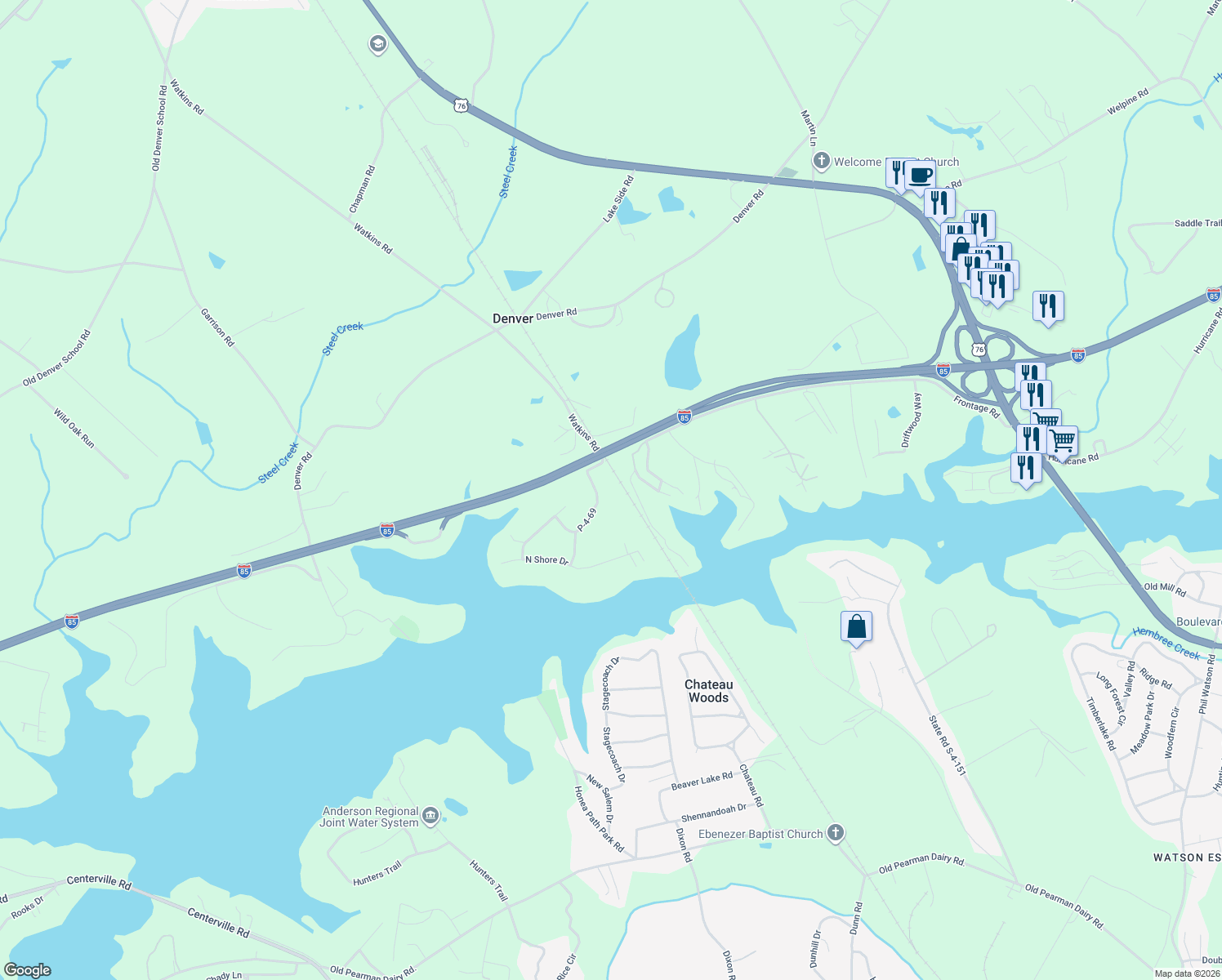 map of restaurants, bars, coffee shops, grocery stores, and more near 2411 Watkins Road Exd in Anderson