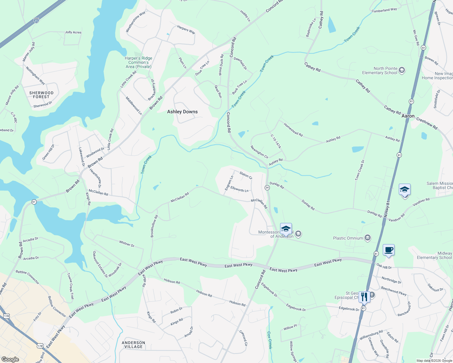 map of restaurants, bars, coffee shops, grocery stores, and more near 109 Engram Ln in Anderson