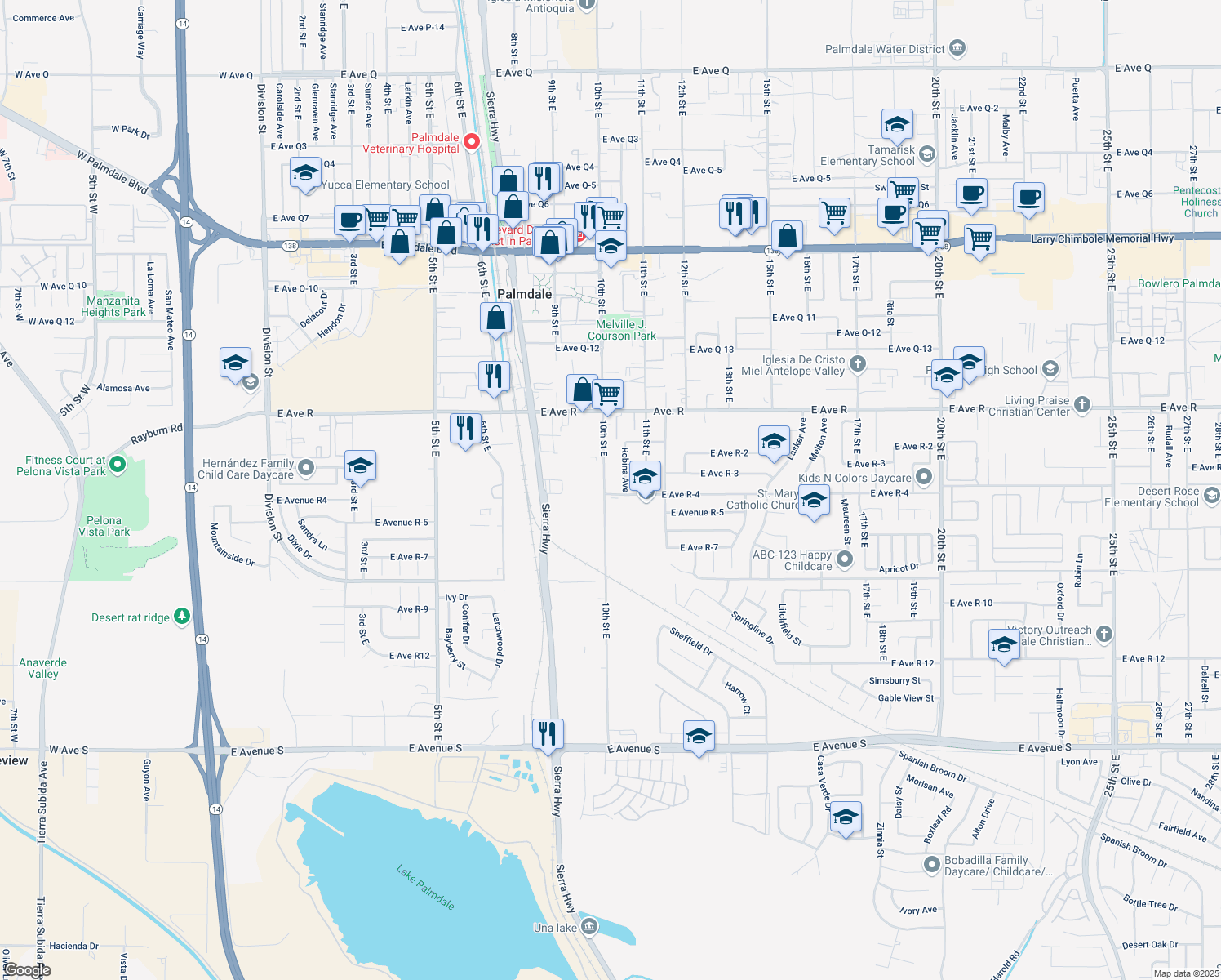 map of restaurants, bars, coffee shops, grocery stores, and more near 1003 East Avenue R-4 in Palmdale