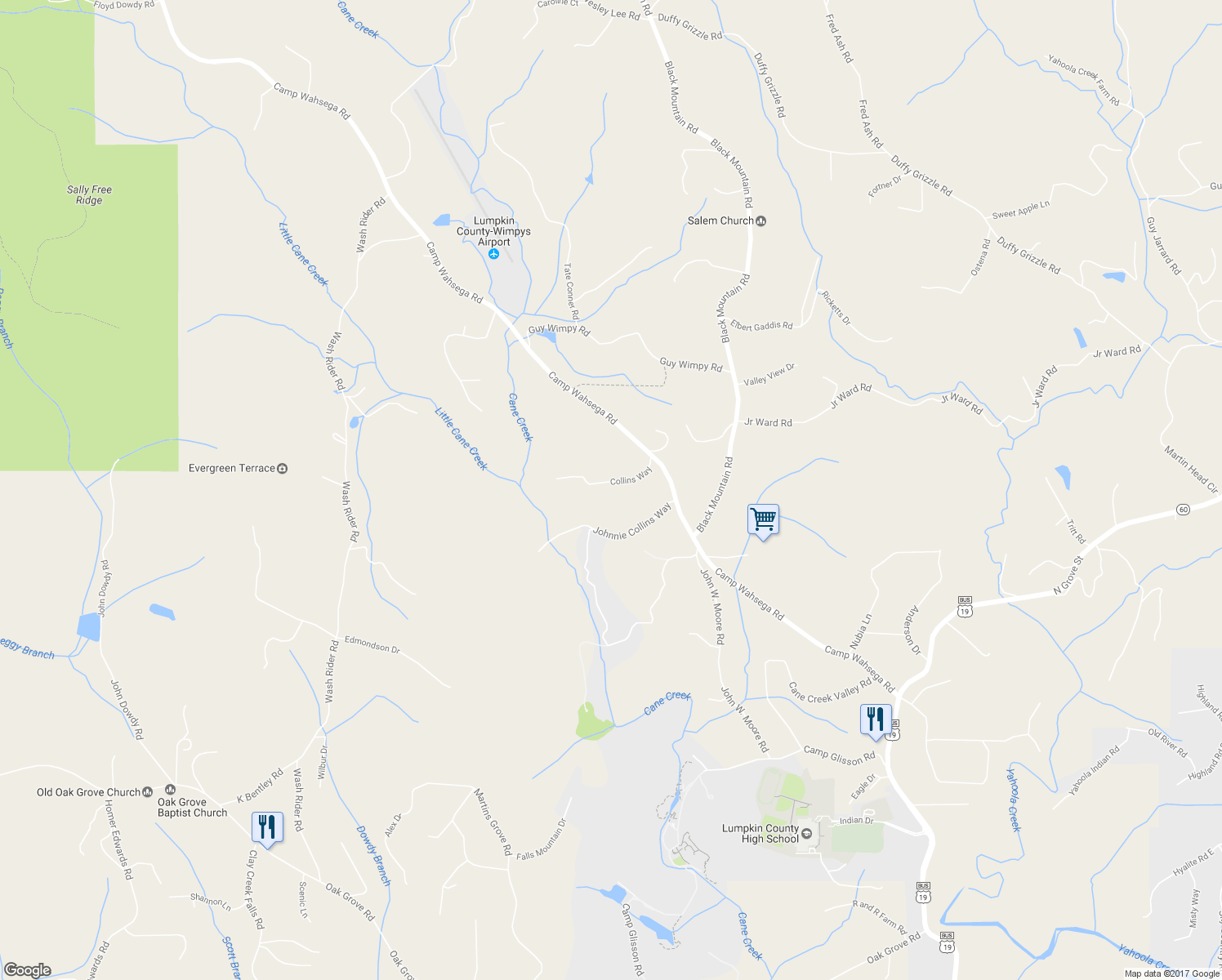 map of restaurants, bars, coffee shops, grocery stores, and more near 155 Collins Way in Dahlonega