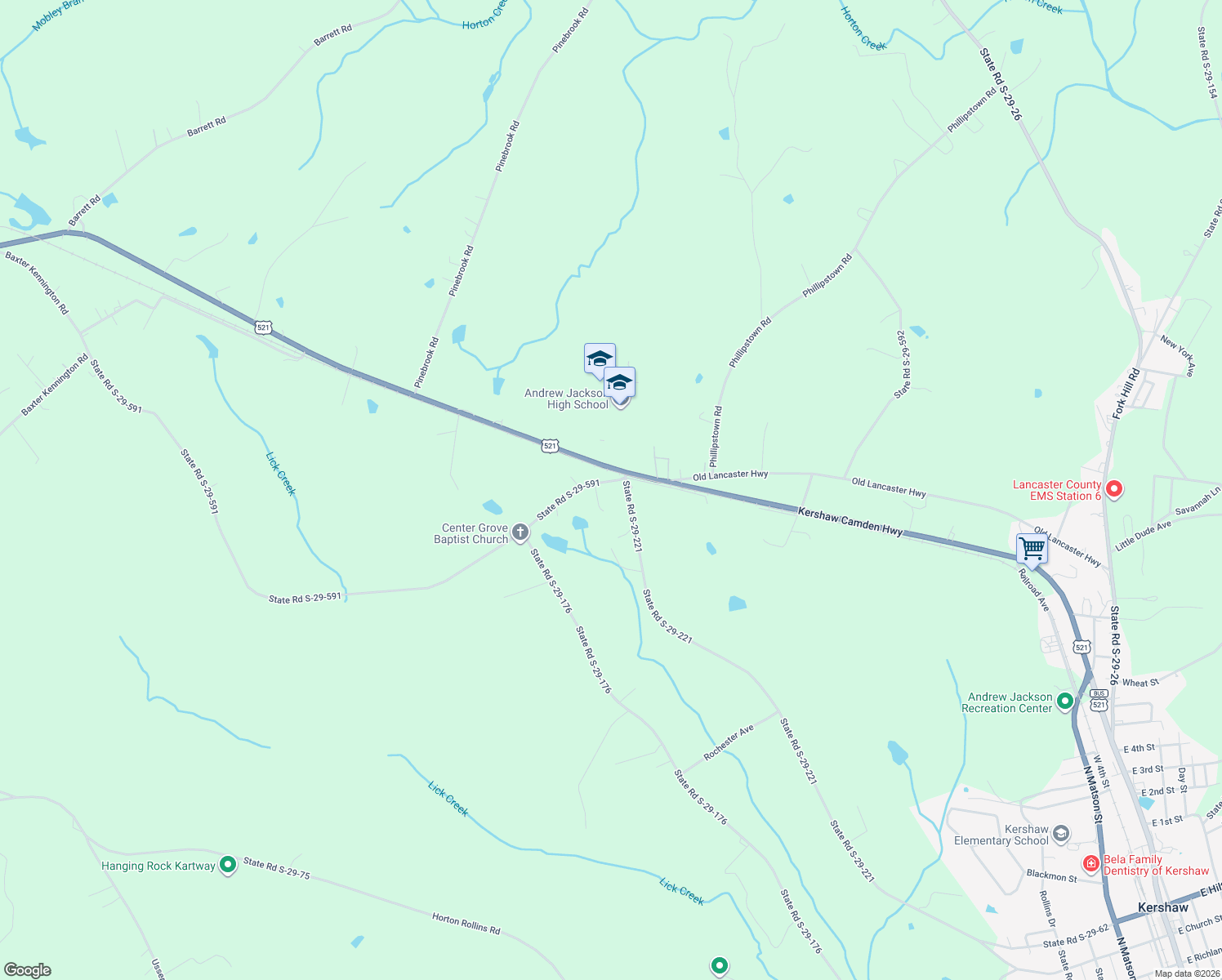 map of restaurants, bars, coffee shops, grocery stores, and more near 6174 State Road S-29-591 in Kershaw
