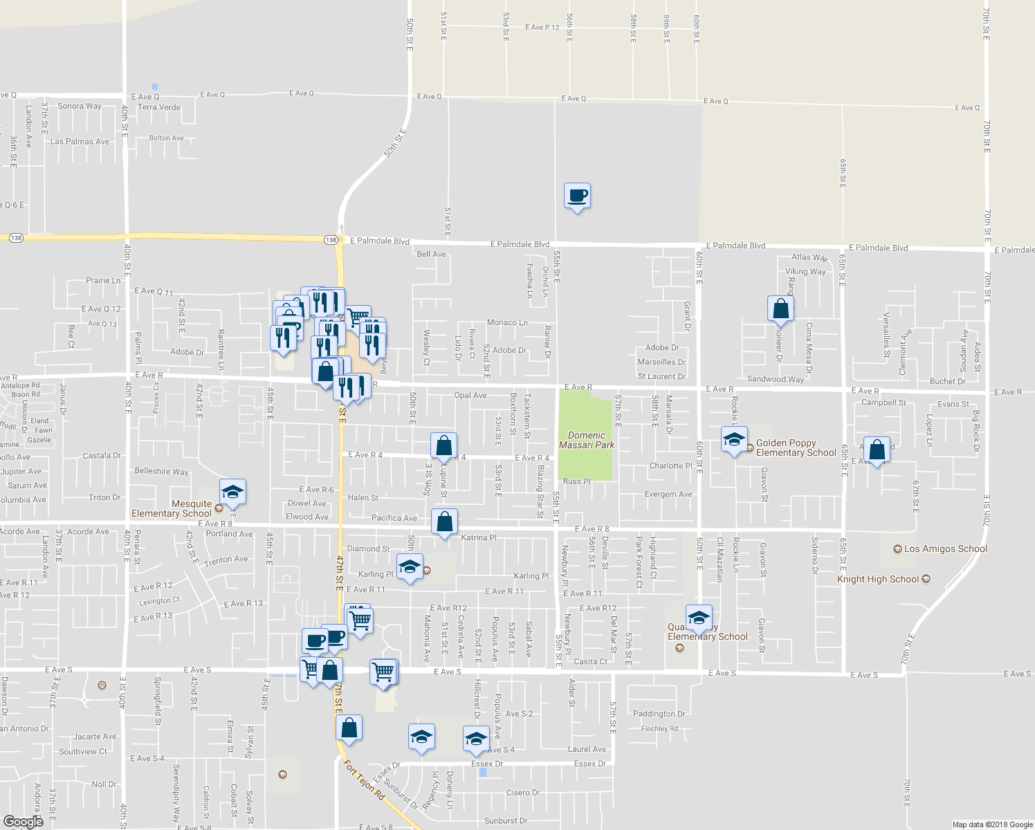 map of restaurants, bars, coffee shops, grocery stores, and more near 37912 Boxthorn Street in Palmdale
