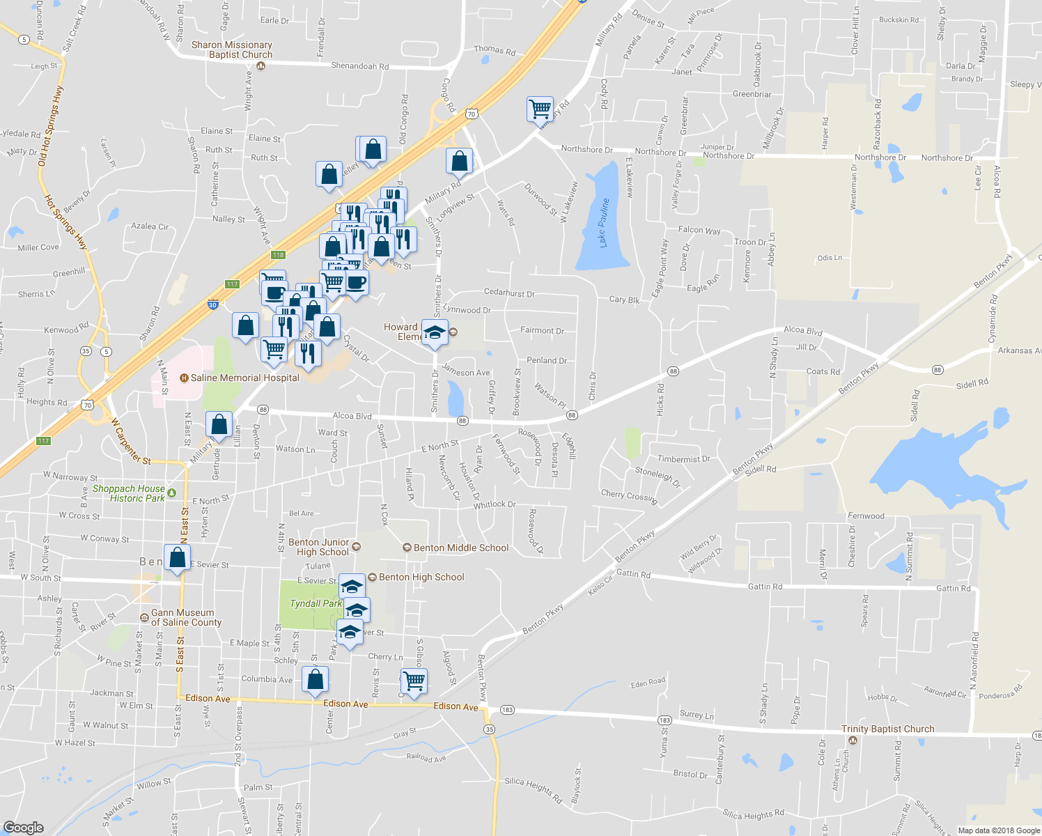 map of restaurants, bars, coffee shops, grocery stores, and more near 801 Brookview Street in Benton