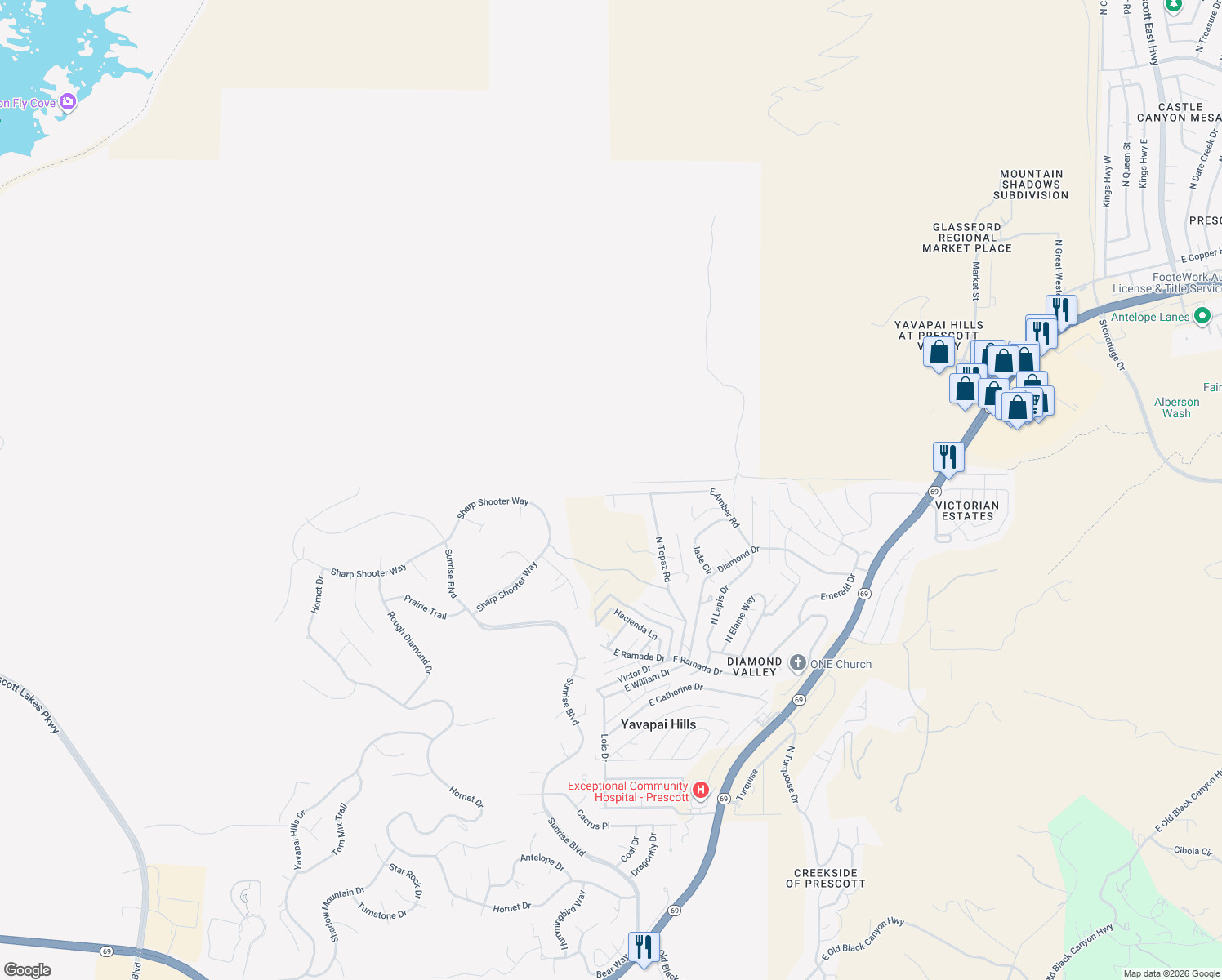 map of restaurants, bars, coffee shops, grocery stores, and more near 4526 East Amber Road in Prescott