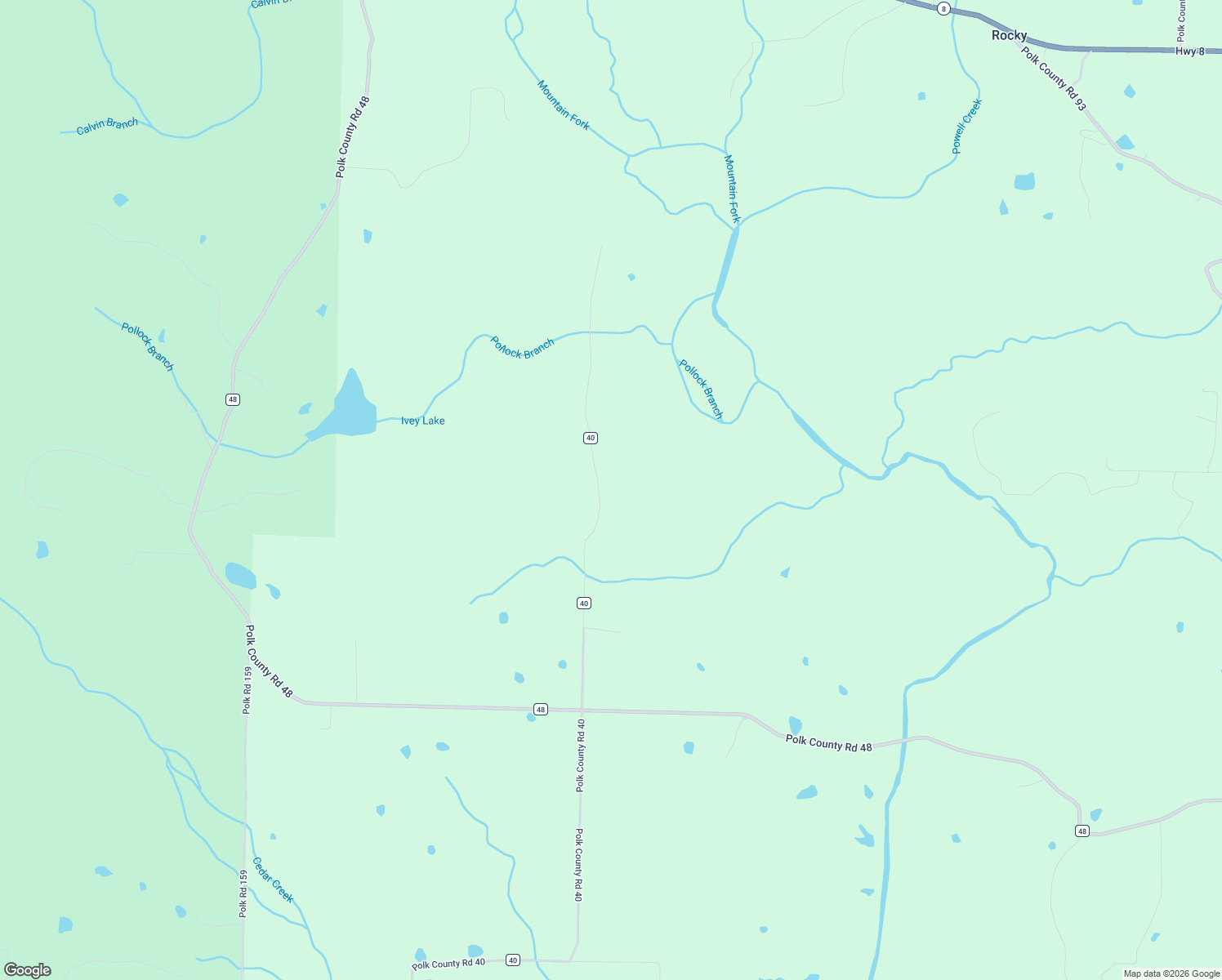 map of restaurants, bars, coffee shops, grocery stores, and more near 890 Polk County Road 40 in Mena