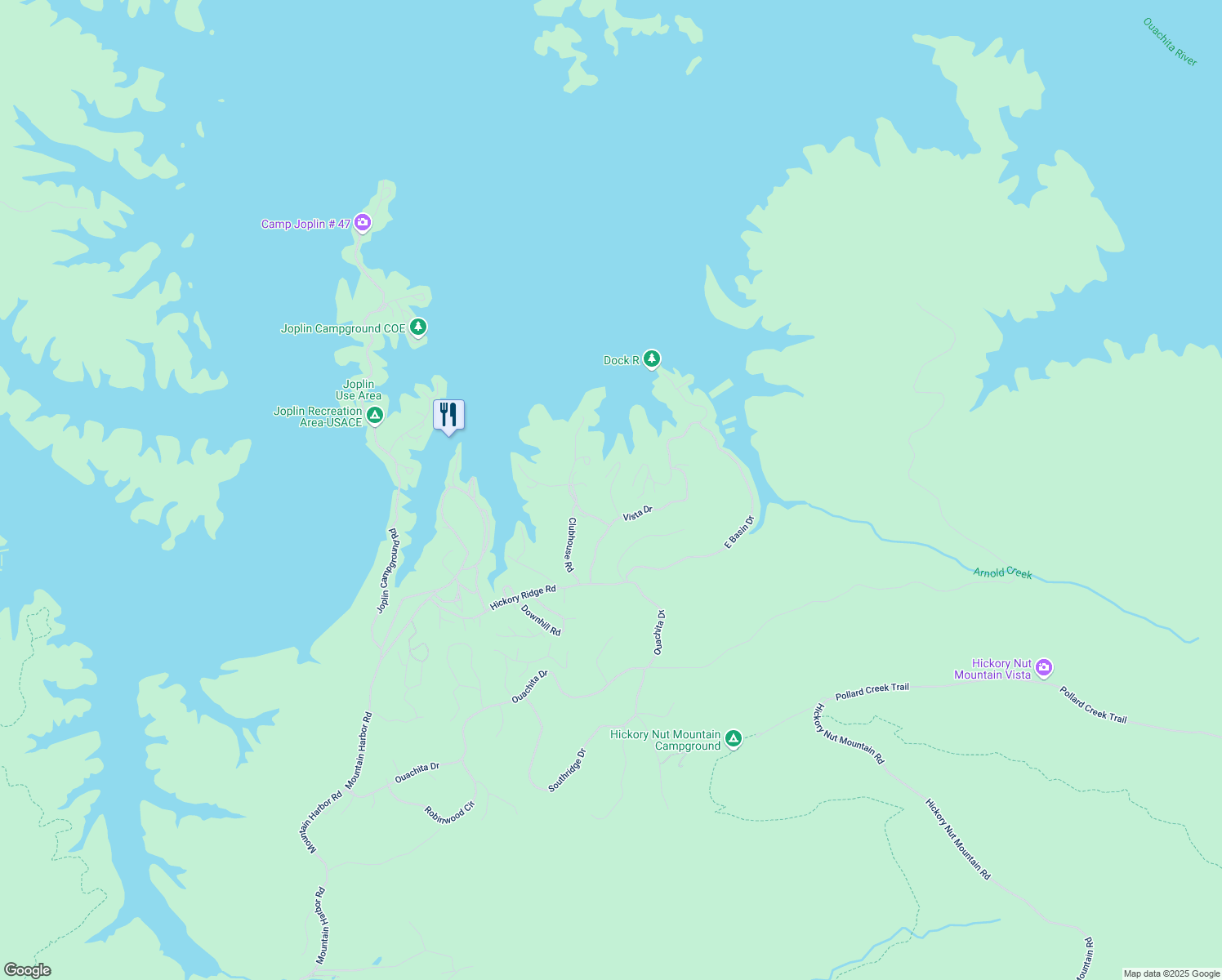 map of restaurants, bars, coffee shops, grocery stores, and more near 76 Peninsula Drive in Mount Ida