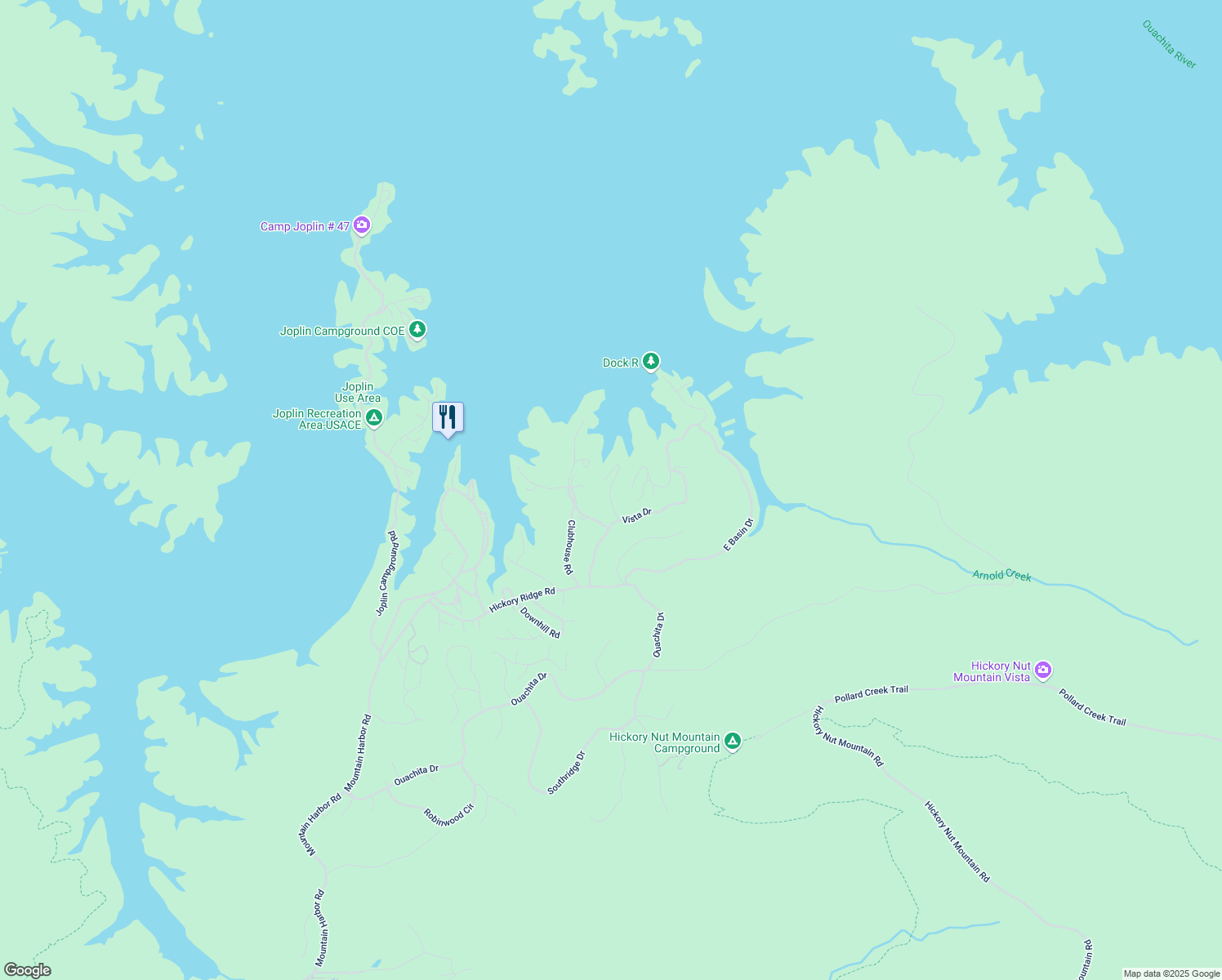 map of restaurants, bars, coffee shops, grocery stores, and more near 76 Peninsula Drive in Mount Ida