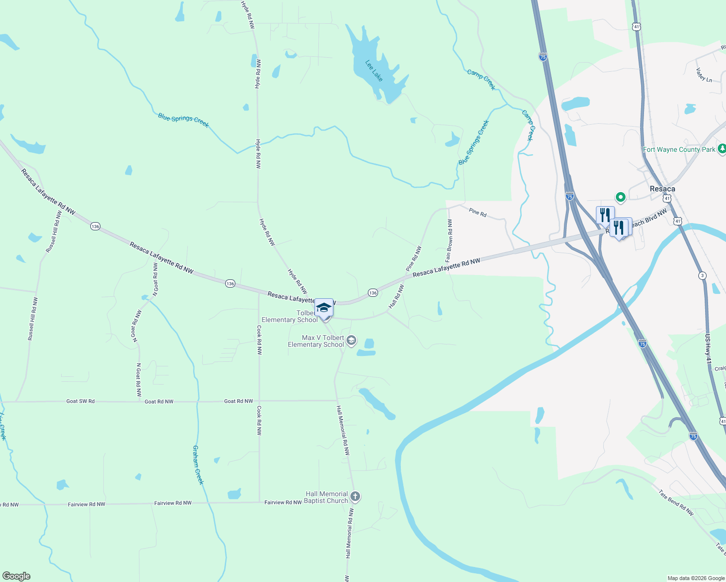 map of restaurants, bars, coffee shops, grocery stores, and more near 967 Resaca Lafayette Road Northwest in Resaca